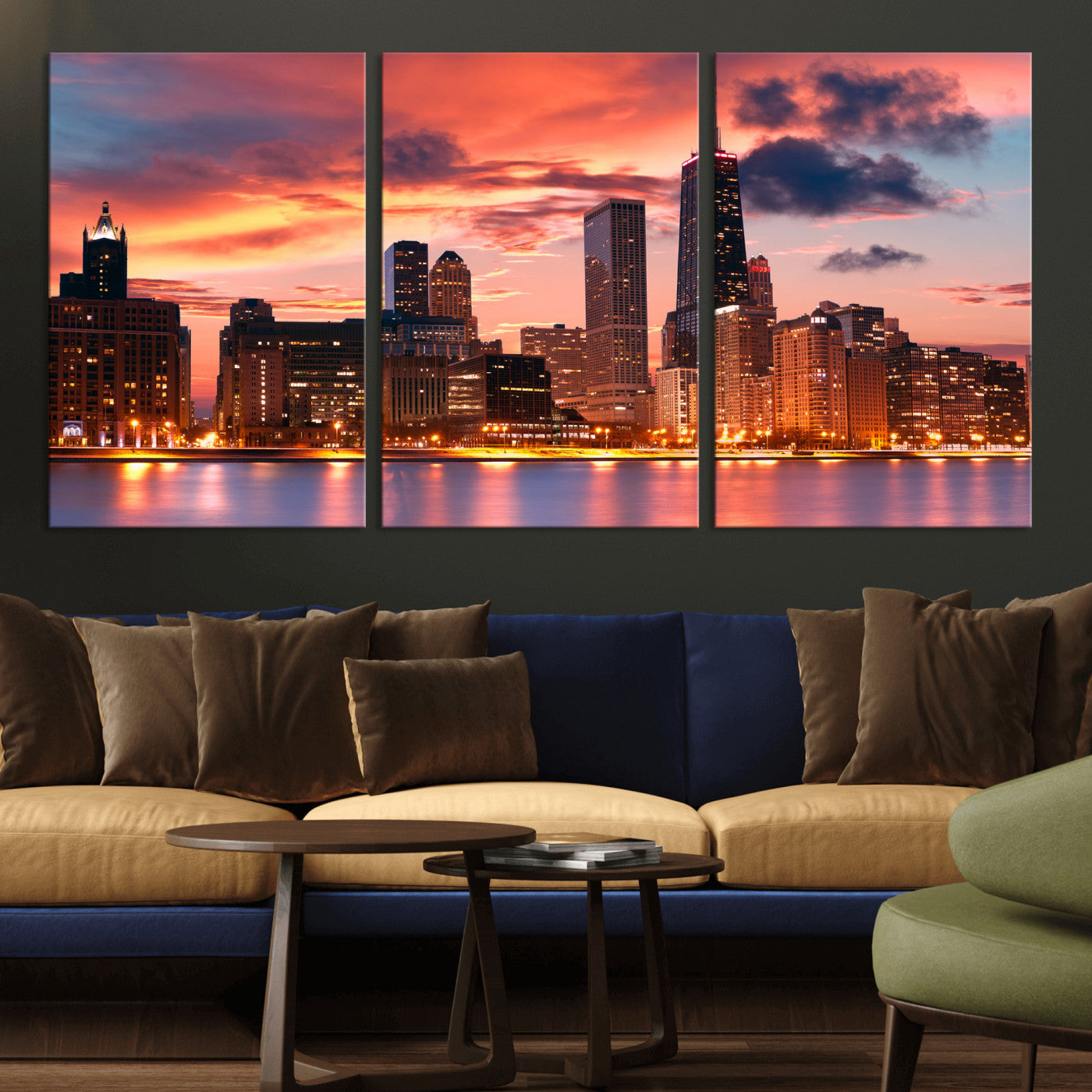 80390109-MGV-CV-36X24 - Chicago Wall Art Canvas Print, Chicago City Downtown Night Cityscape Print for Modern Urban Wall Decor
