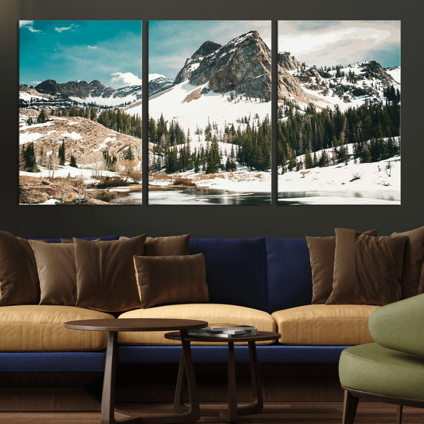 56837070-MGV-CV-36X24 - Snowy Mountain Landscape Wall Art Canvas Print, Alpine Pine Forest Winter Nature Wall Decor for Living Room and Office