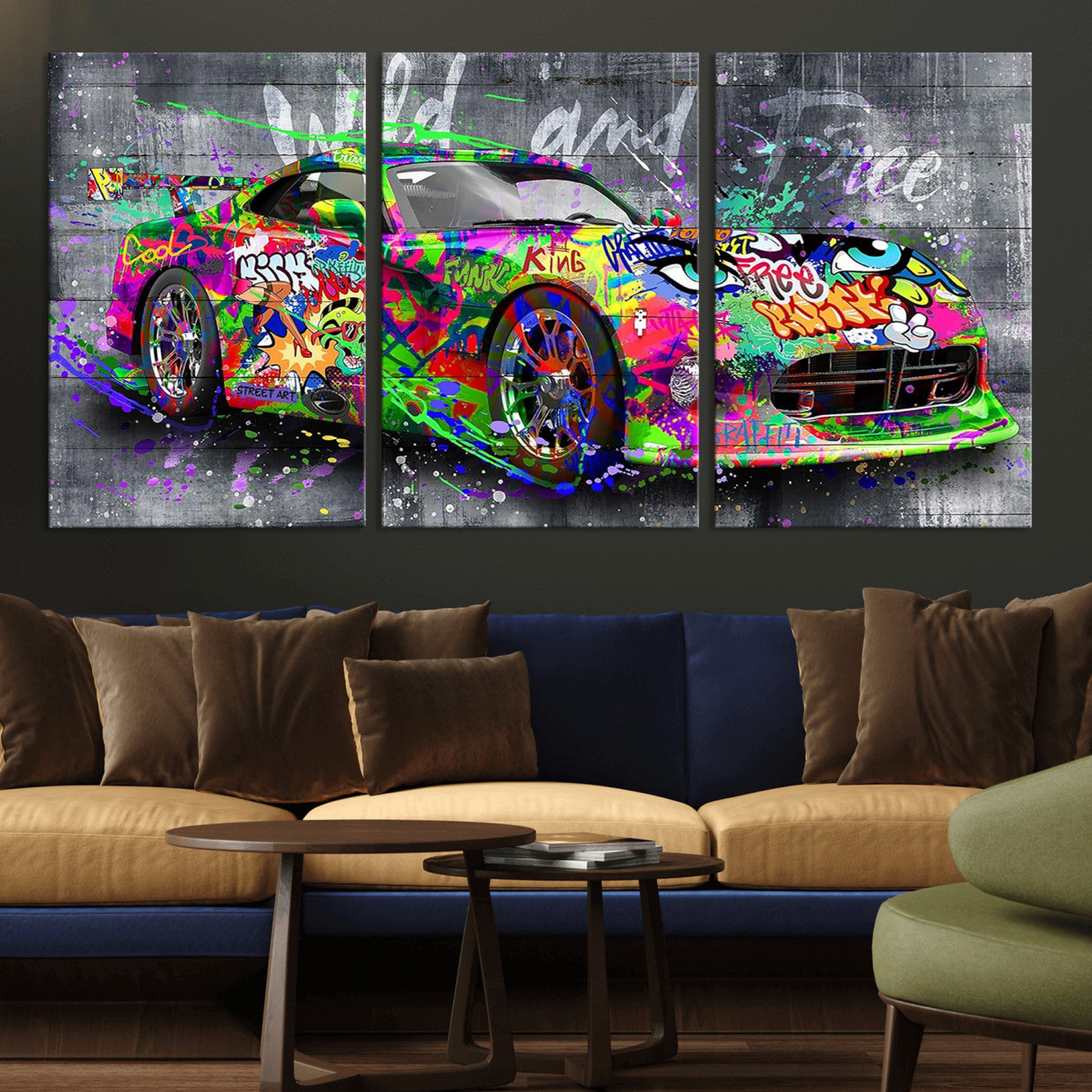 95314968-MGV-CV-36X24 - Graffiti Sports Car Street Art Wall Art Canvas Print, Colorful Urban Supercar Pop Art Canvas Print, Modern Graffiti Car Contemporary Art Printing