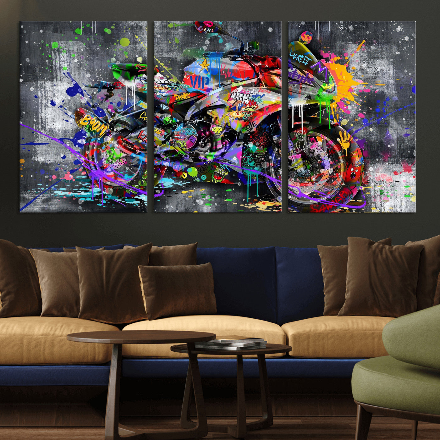 83021767-MGV-CV-36X24 - Graffiti Motorcycle Wall Art Canvas Print, Urban Street Art Motorbike Decor, Colorful Graffiti Sports Bike Artwork