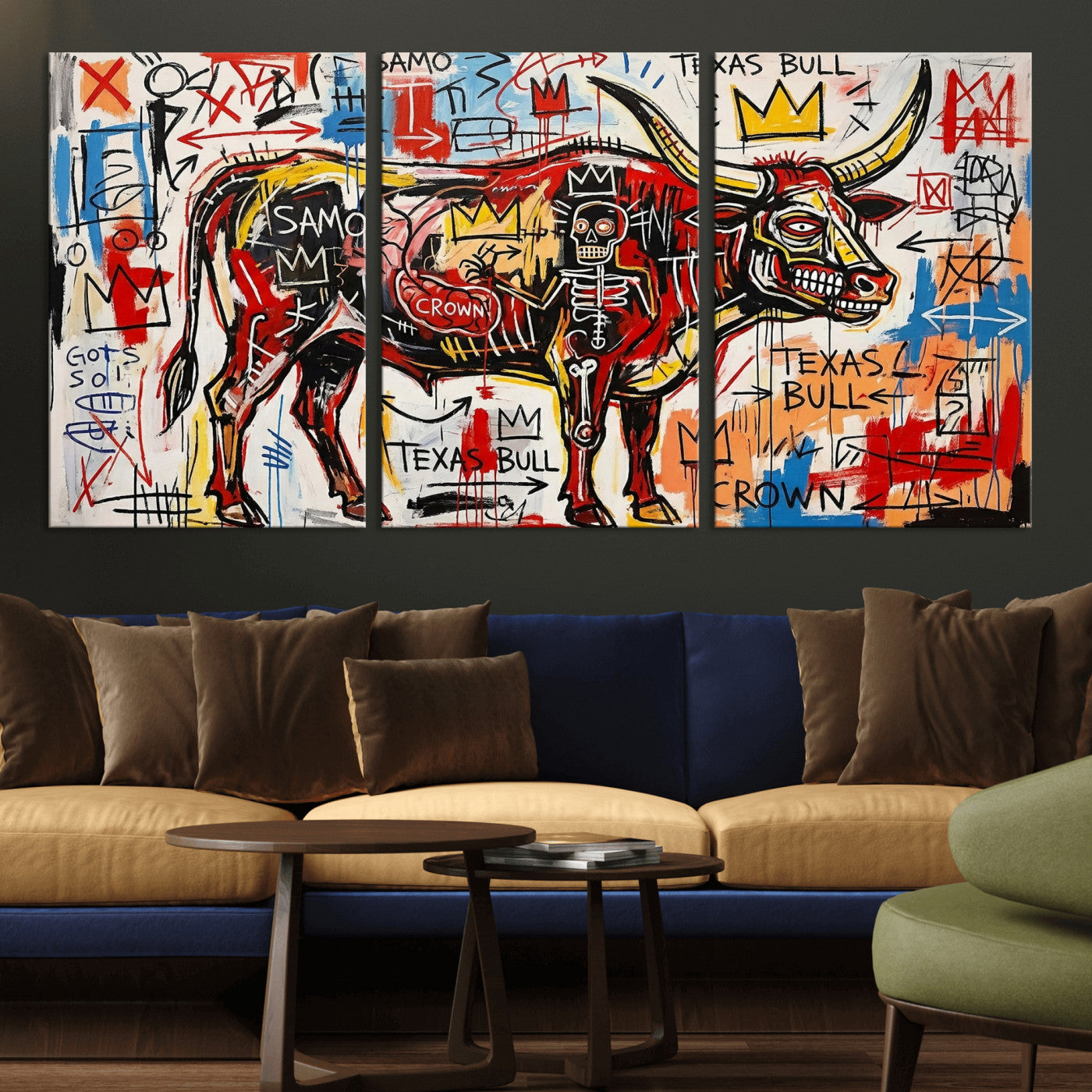 89504579-MGV-CV-36X24 - TITLE: Texas Bull Wall Art Canvas Print, Abstract Graffiti Bull Painting, Western Animal Art, Modern Ranch Decor