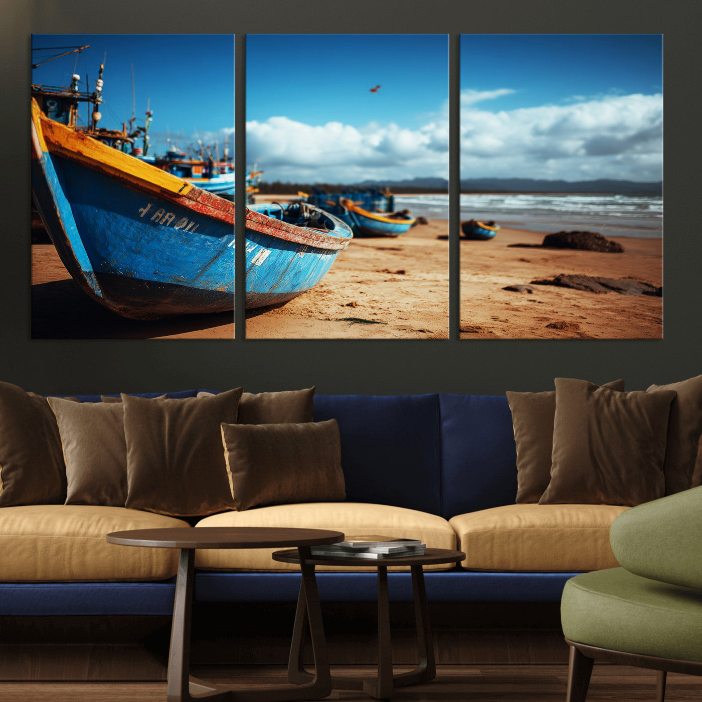 70925201-MGV-CV-36X24 - Fishing Boats Wall Art Canvas Print, Coastal Boat Beach Scene, Nautical Seaside Artwork, Ocean Shore Decor, Coastal Home Wall Art