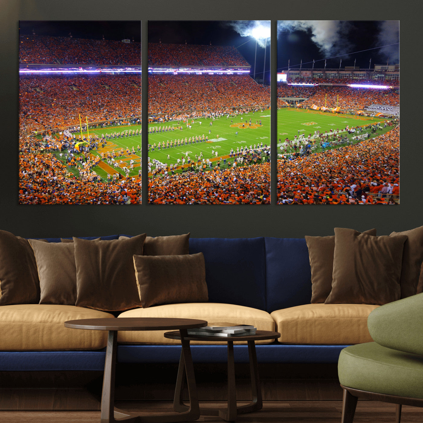 43662631-MGV-CV-36X24 - Clemson Football Stadium Wall Art Canvas Print, College Football Crowd Night Game Scene, Orange Stadium Panorama Wall Decor
