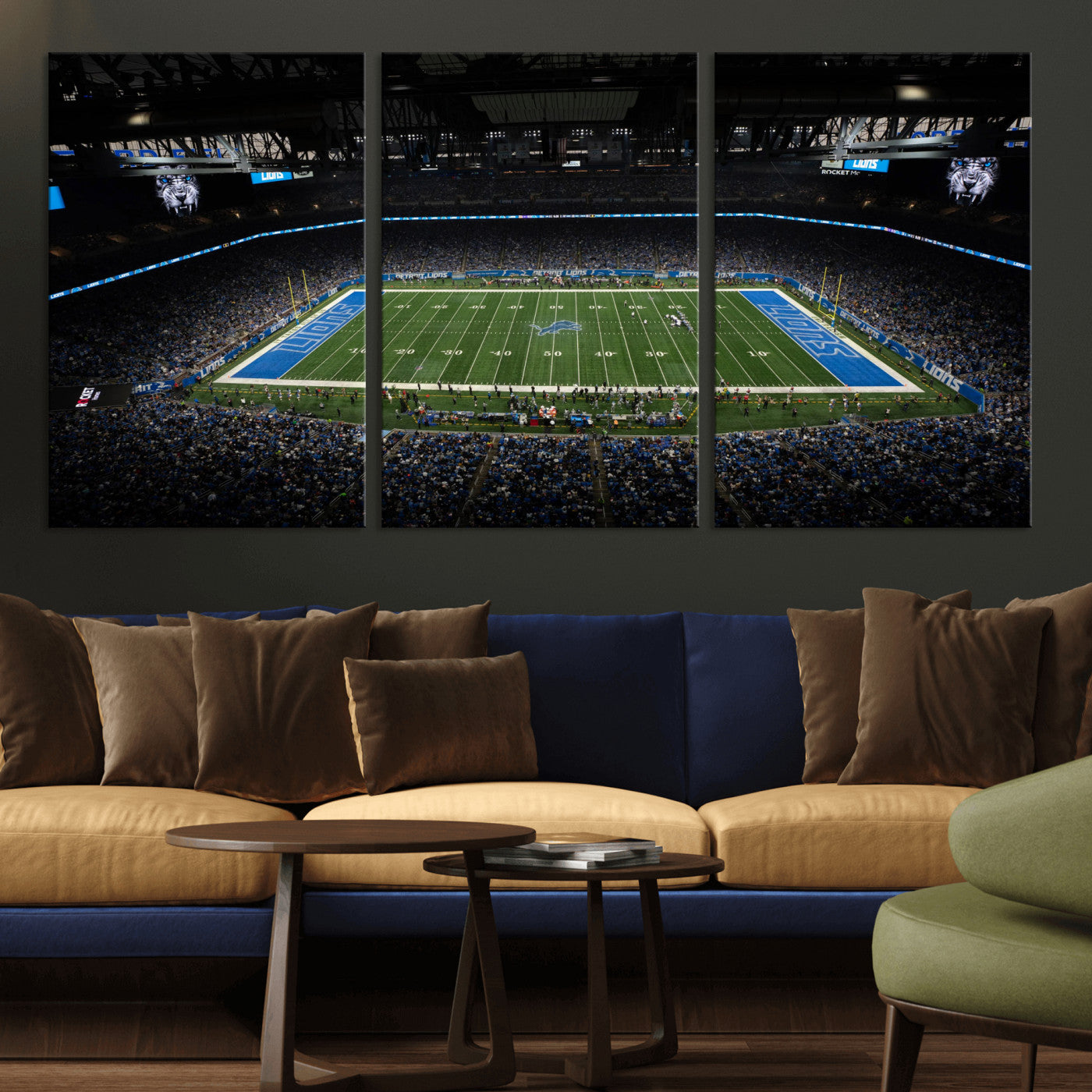 16709602-MGV-CV-36X24 - Detroit Lions Stadium Wall Art Canvas Print, Football Field Panorama Artwork, NFL Game Night Stadium Decor