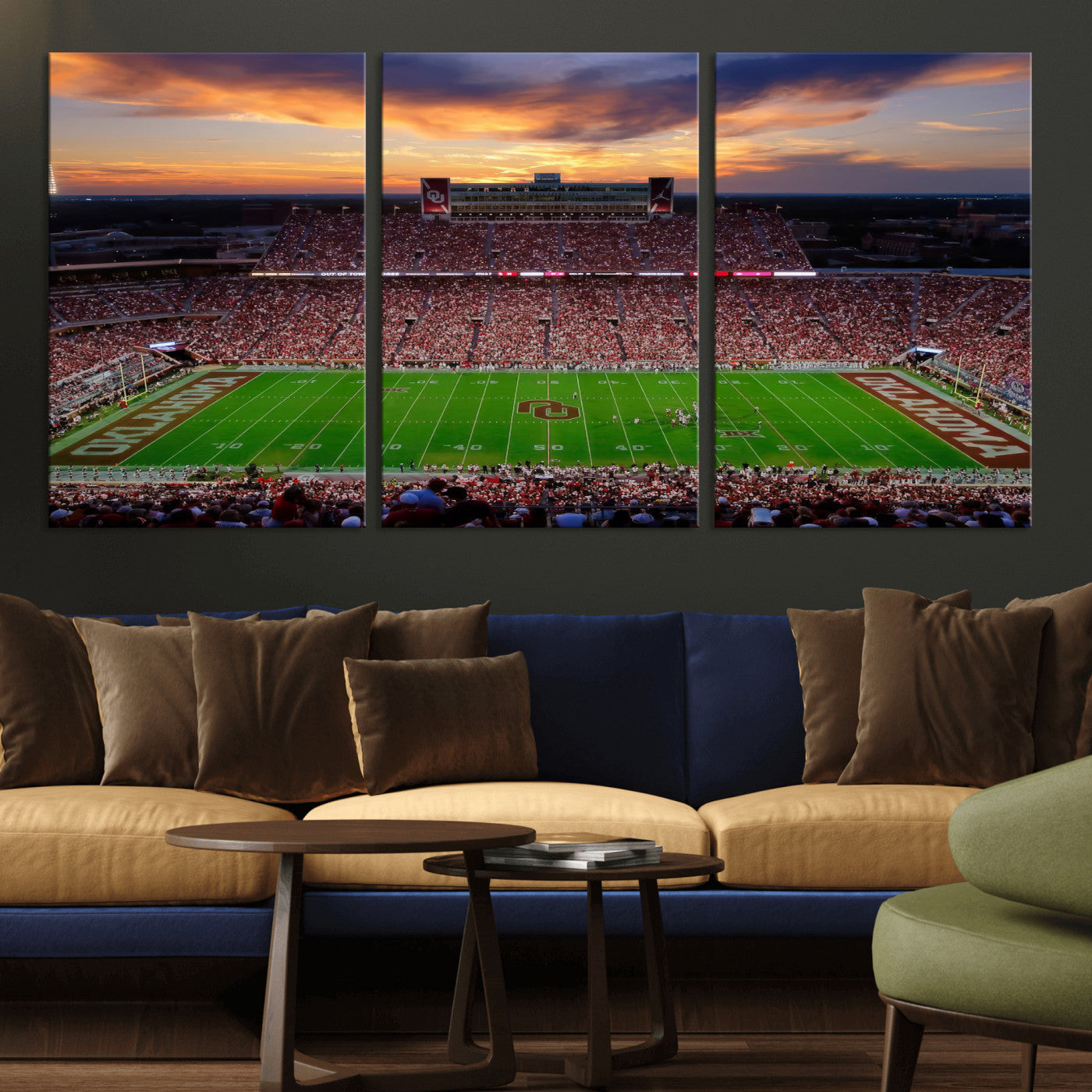 51457497-MGV-CV-36X24 - Oklahoma Sooners Stadium Wall Art Canvas Print, College Football Sunset Game Scene, OU Football Field Panorama Wall Decor