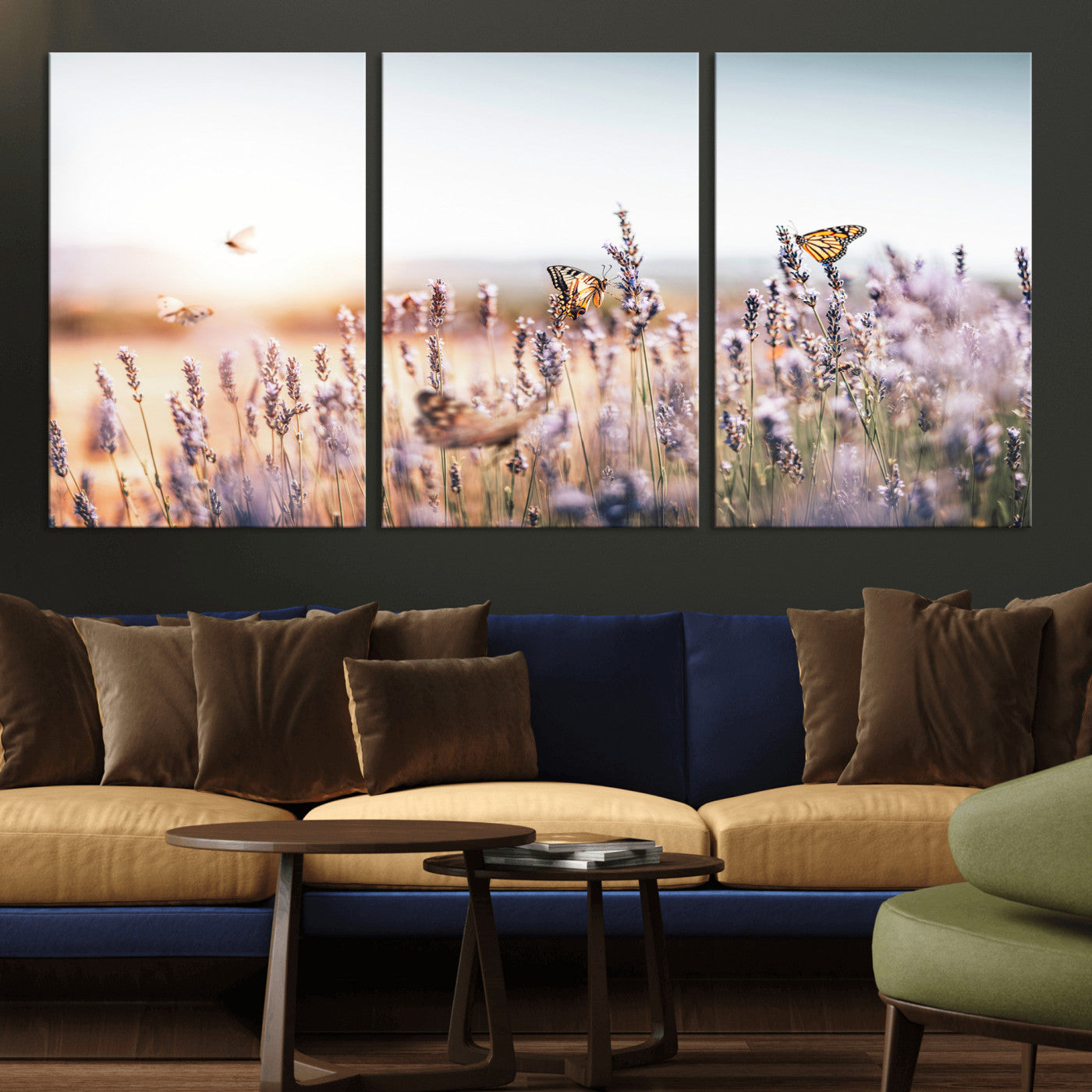 46417478-MGV-CV-36X24 - Lavender Field Wall Art Canvas Print, Butterfly Floral Landscape Art, Soft Nature Wall Decor for Bedroom