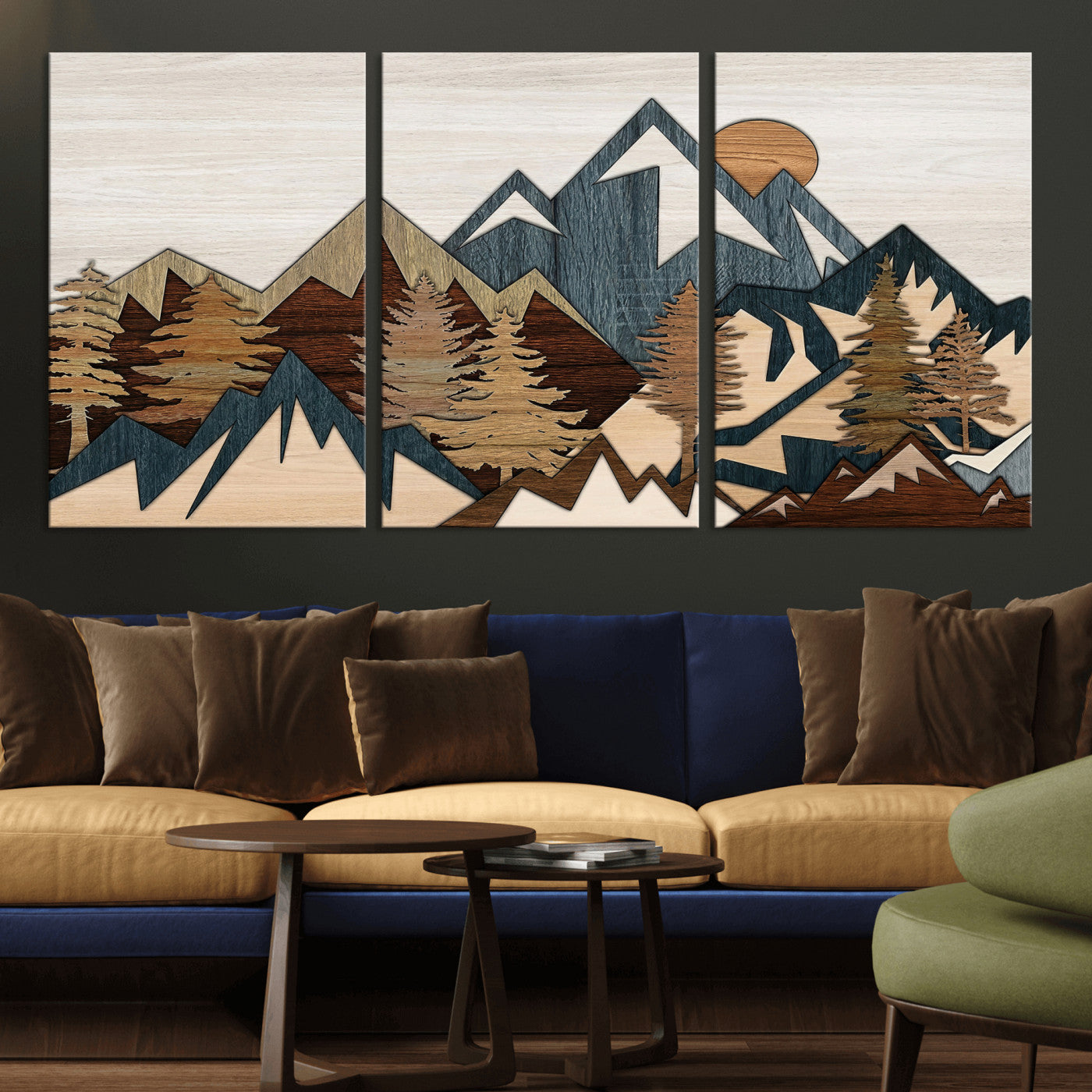 61833055-MGV-CV-36X24 - Mountain Forest Wall Art Canvas Print, Layered Wood Landscape Artwork, Rustic Nature Wall Decor for Living Room
