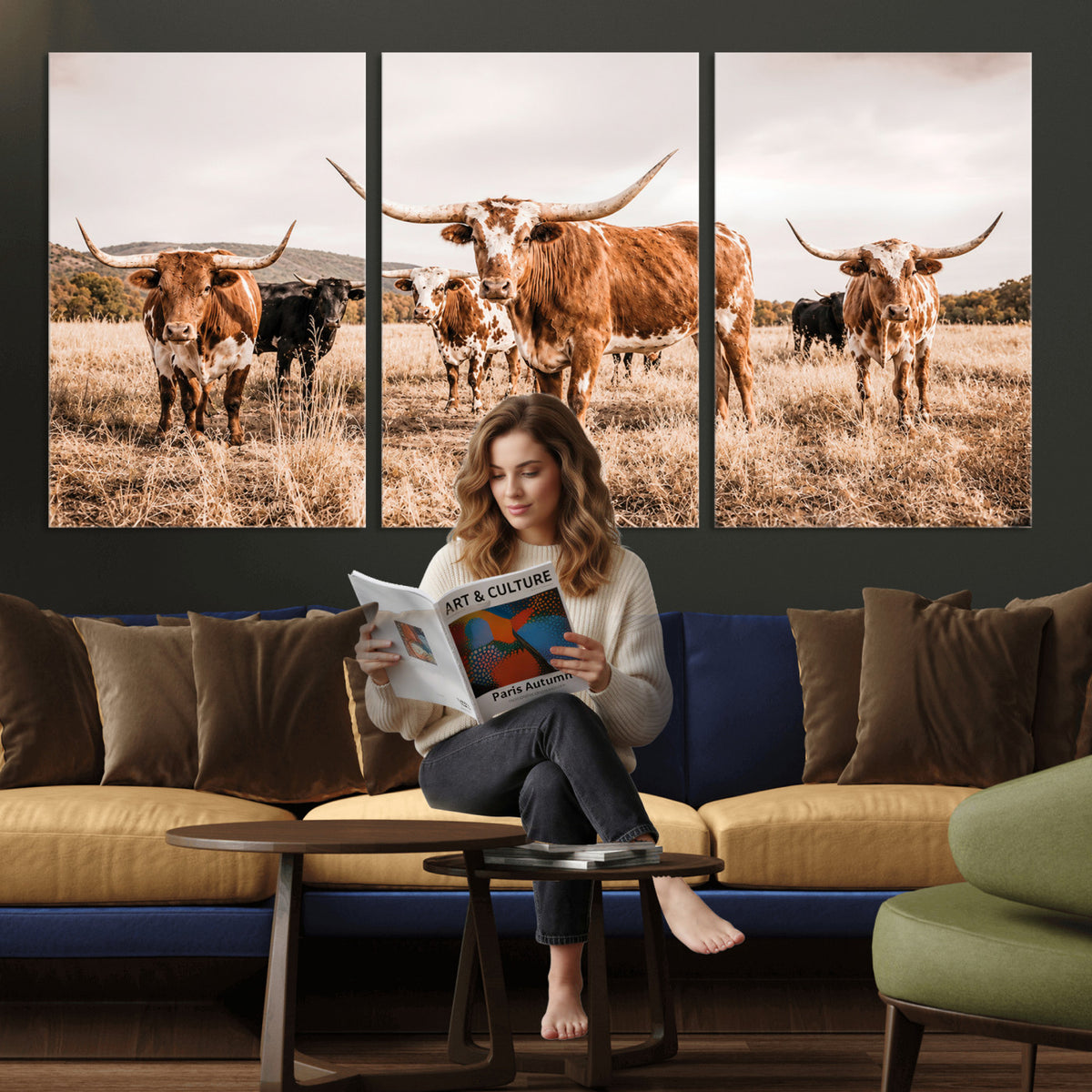 27539727-MGV-CV-36X24 - Texas Longhorn Cattle Wall Art Canvas Print, Sepia Western Decor