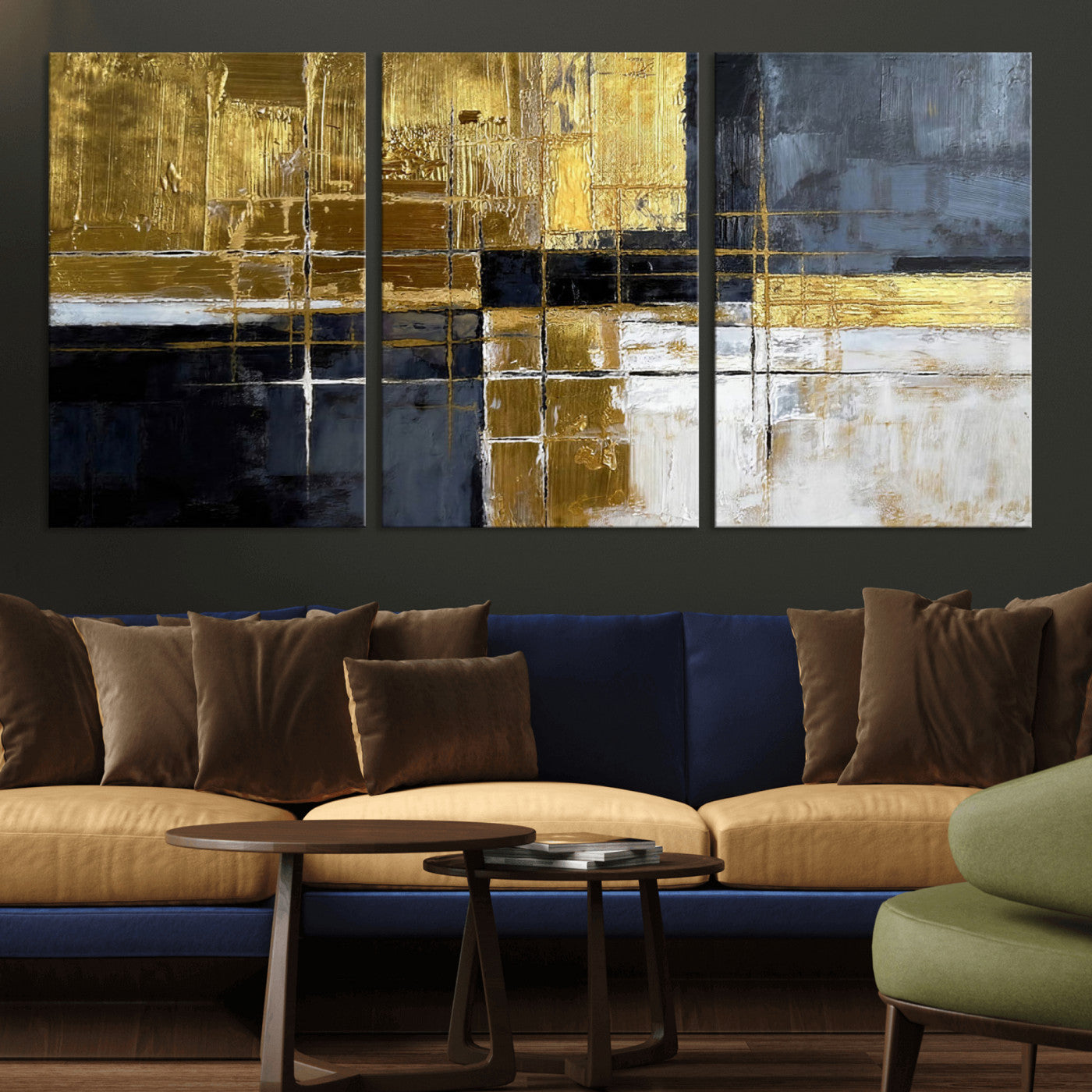 76917030-MGV-CV-36X24 - Gold Navy Abstract Wall Art Canvas Print, Modern Luxury Geometric Painting Wall Decor for Living Room and Office