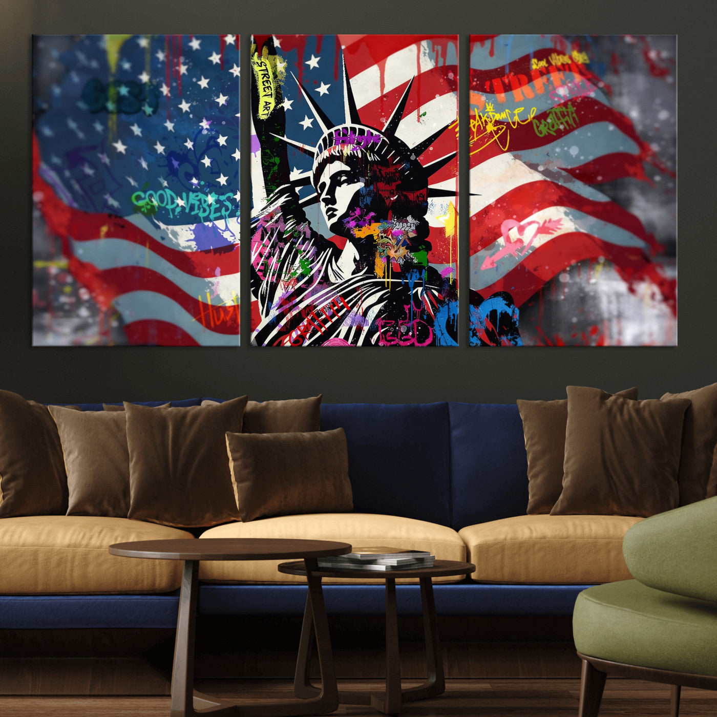 32151941-MGV-CV-36X24 - USA Statue of Liberty Graffiti Street Art Wall Art Canvas Print, American Flag Urban Pop Art Canvas Print, Modern Patriotic Street Art Contemporary Art Printing