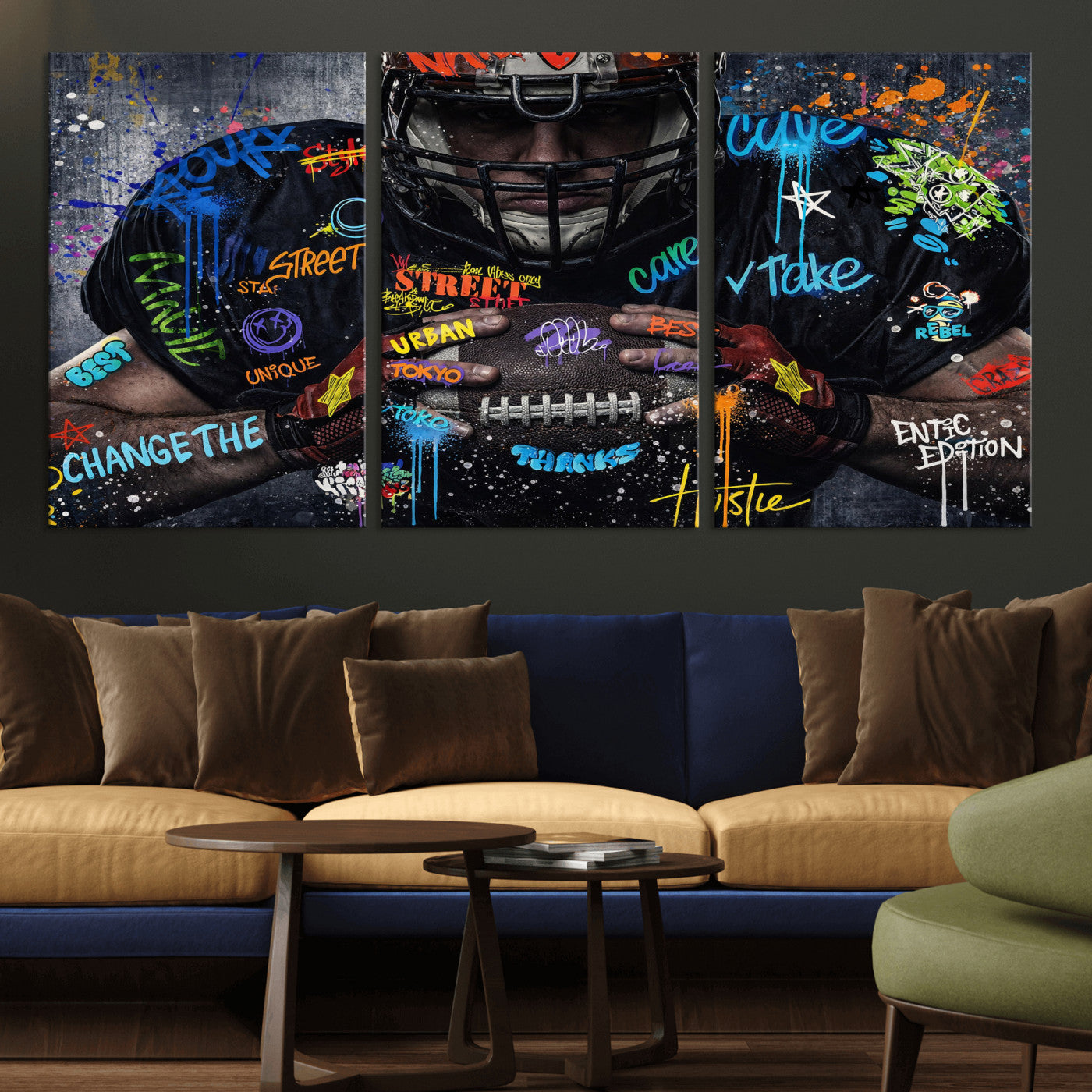 55267256-MGV-CV-36X24 - Graffiti American Football Player Street Art Wall Art Canvas Print, Urban Sports Pop Art Football Canvas Print, Modern Athletic Graffiti Contemporary Art Printing