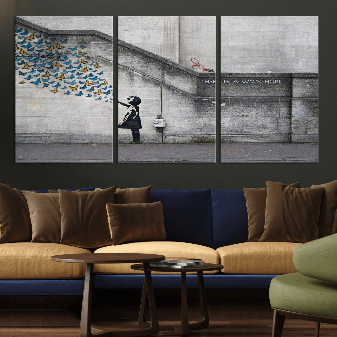 15274223-MGV-CV-36X24 - Banksy Girl with Butterflies Street Art Wall Art Canvas Print, Hope Graffiti Urban Art Canvas Print, Minimalist Inspirational Street Art Contemporary Art Printing