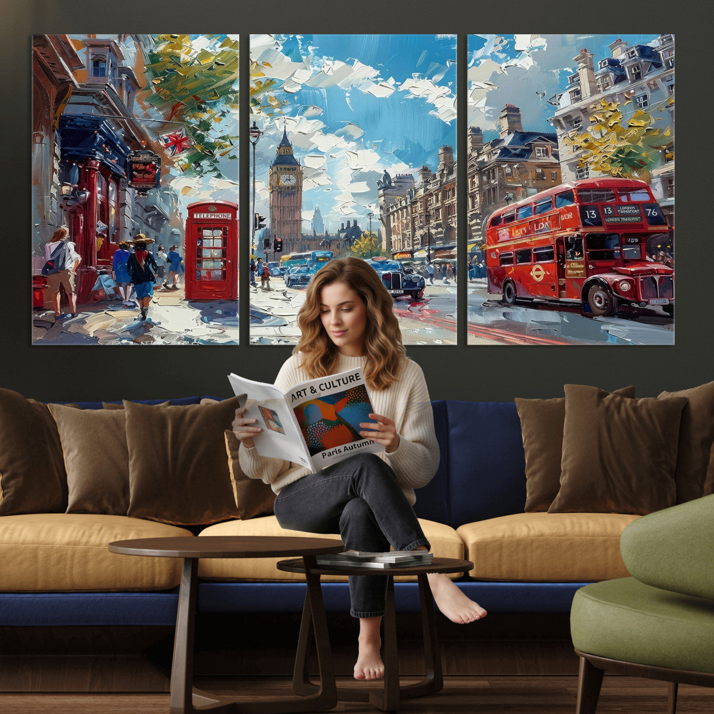 17630888-MGV-CV-36X24 - London Street Canvas Wall Art — Big Ben Red Bus Print | Oil Painting Style | UK City Wall Decor | Travel Art Gift | Living Room Print