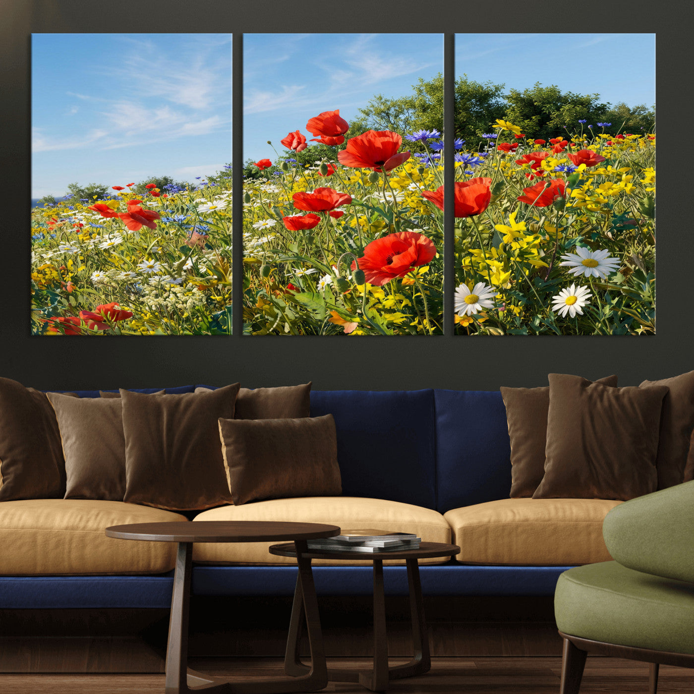 38570784-MGV-CV-36X24 - Wildflower Meadow Wall Art Canvas Print – Colorful Poppy and Daisy Field Landscape Artwork for Living Room Decor