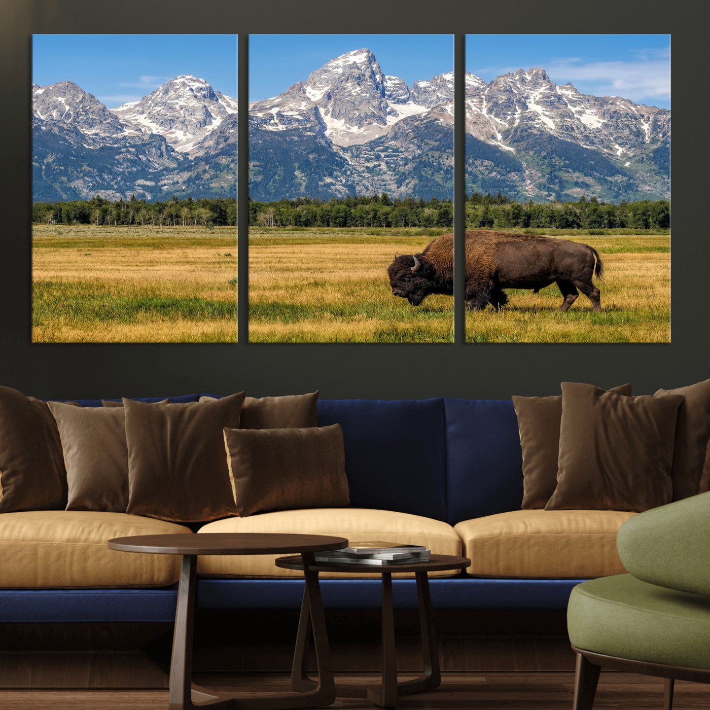 20424529-MGV-CV-36X24 - Bison in Mountain Landscape Wall Art Canvas Print – Western Wildlife Artwork for Rustic Living Room Decor