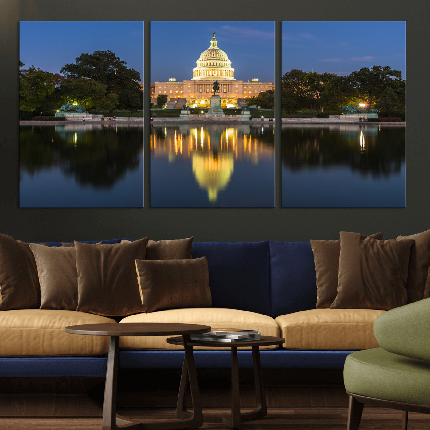 95568590-MGV-CV-36X24 - US Capitol Building Wall Art Canvas Print – Washington DC Landmark Night Reflection Artwork for Office Decor