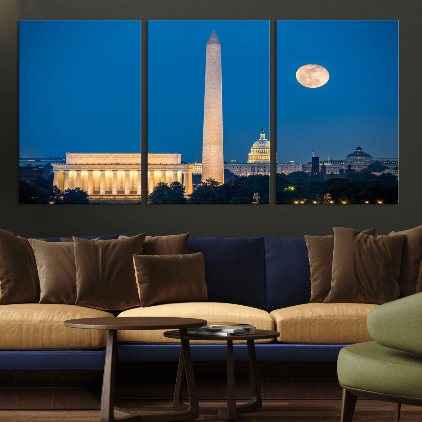 96712946-MGV-CV-36X24 - Washington DC Skyline Wall Art Canvas Print – Lincoln Memorial, Washington Monument and US Capitol Night Cityscape Artwork