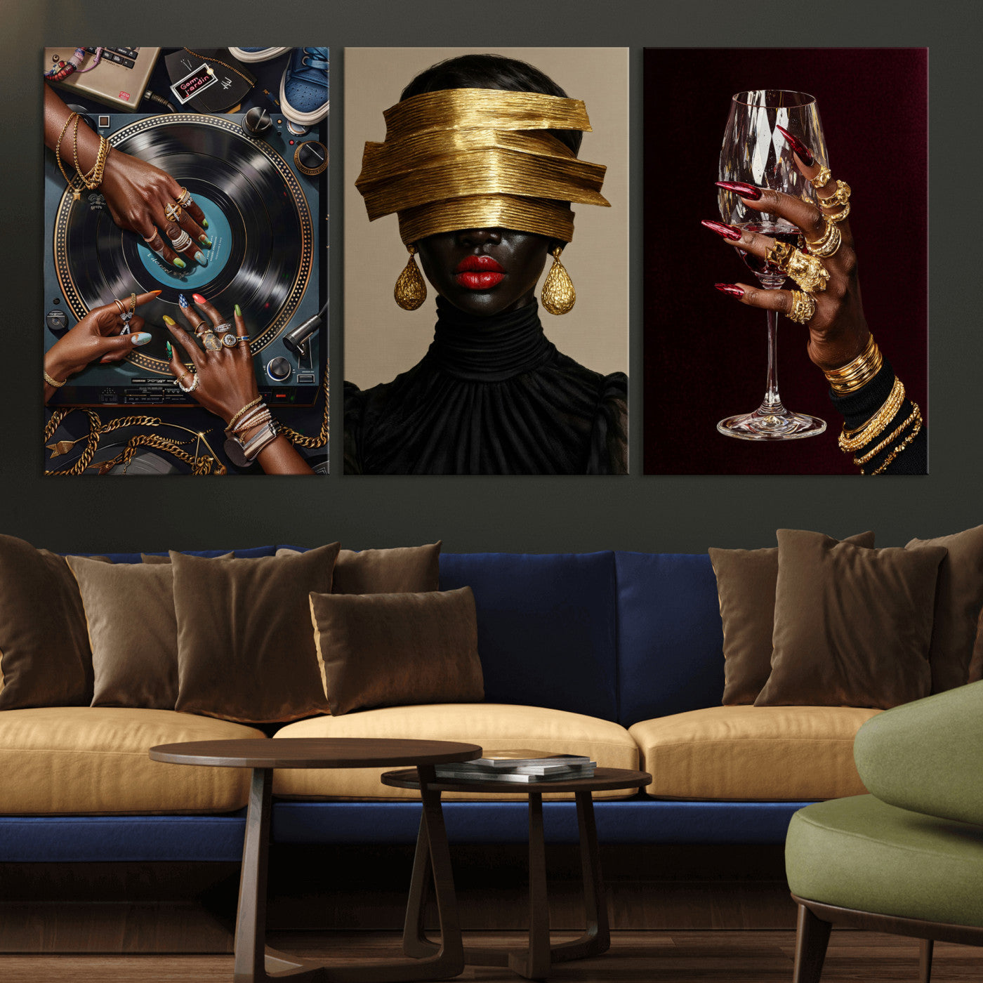 8151788S6-MGV-CV-60X30-3P - Luxury Fashion Wall Art Canvas Print Set of 3, Gold Jewelry Portrait Triptych, Glam Black Woman Modern Artwork