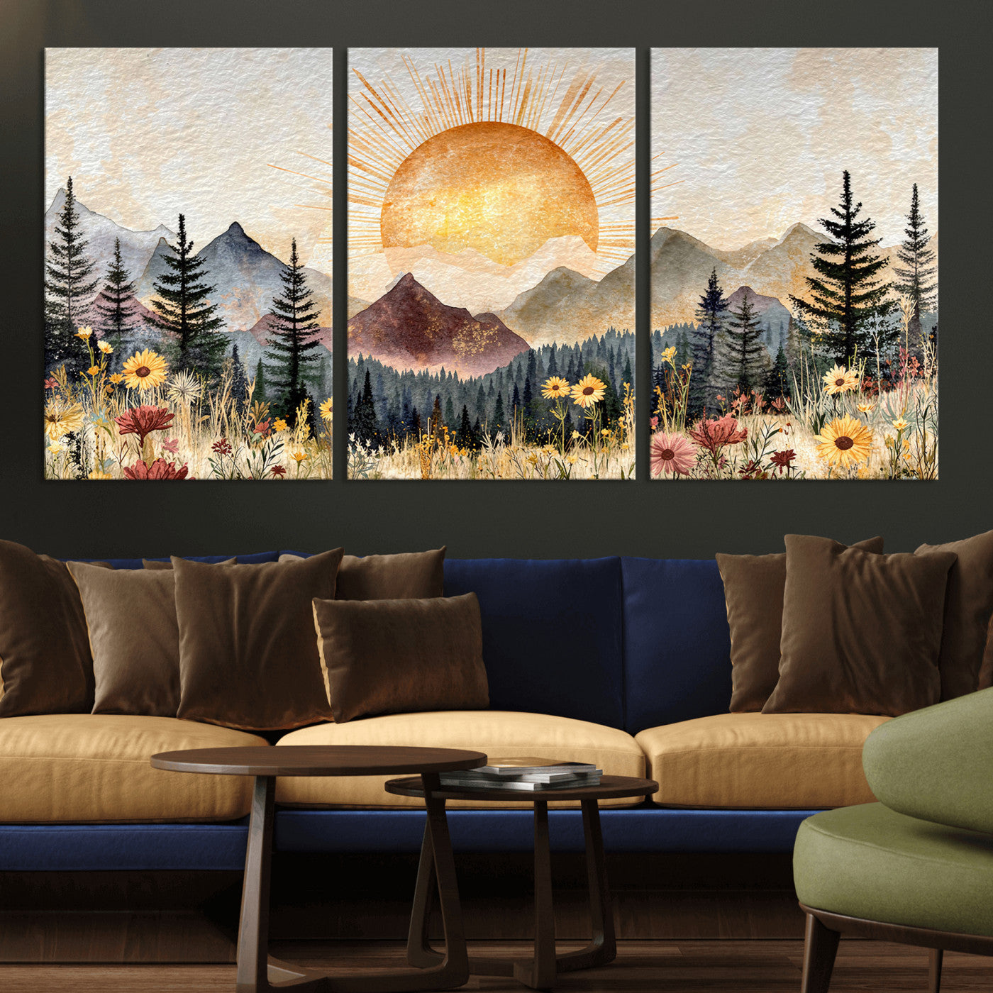 69025244-MGV-CV-36X24 - Boho Mountain Landscape Large Wall Art, Horizontal Gold Framed Canvas Print with Sun and Flowers
