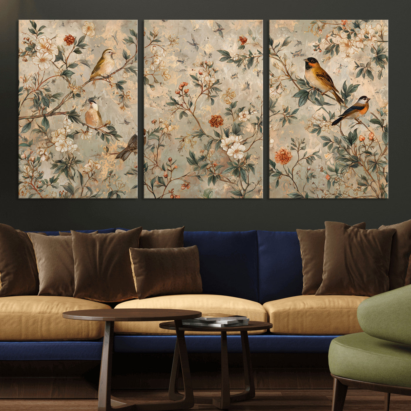 76588438-MGV-CV-36X24 - Vintage Birds and Flowers Wall Art Canvas Print, Botanical Bird Painting Canvas Print, Floral Garden Bird Artwork Canvas Print, Classic Bird Flower Painting Canvas Print