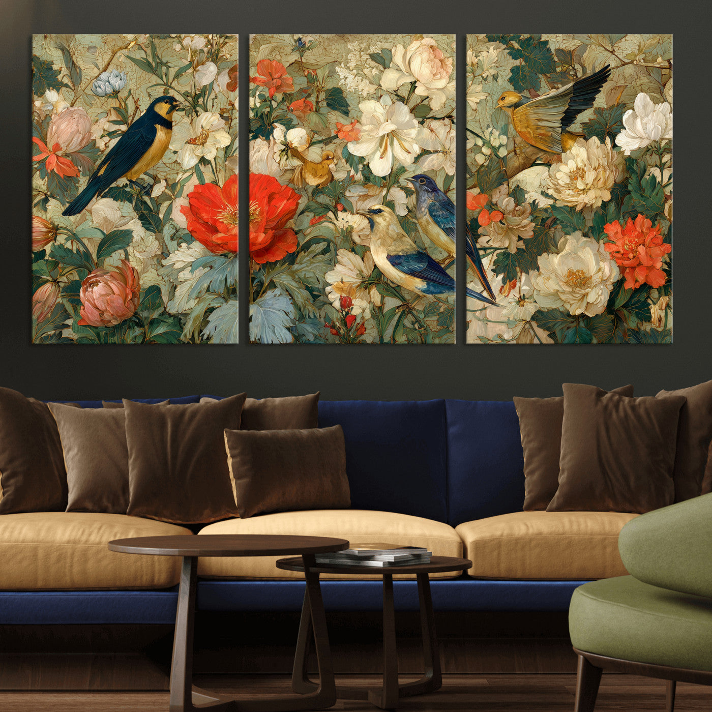 52904757-MGV-CV-36X24 - Vintage Birds and Flowers Wall Art Canvas Print, Botanical Bird Painting Canvas Print, Floral Garden Bird Artwork Canvas Print, Classic Bird Flower Painting Canvas Print