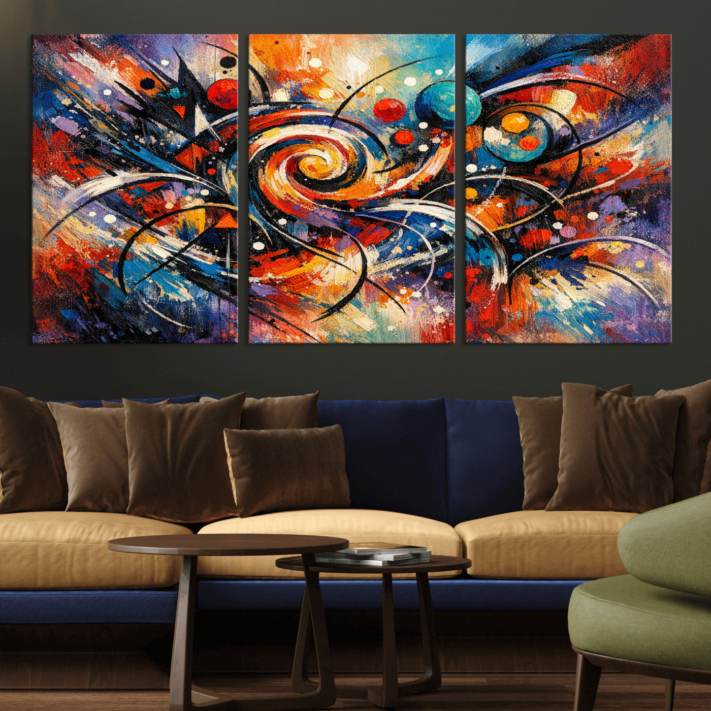 60193267-MGV-CV-36X24 - Geometric Abstract Wall Art Canvas Print, Orange Blue Abstract Expressionist Painting Print, Modern Geometric Abstract Canvas Art