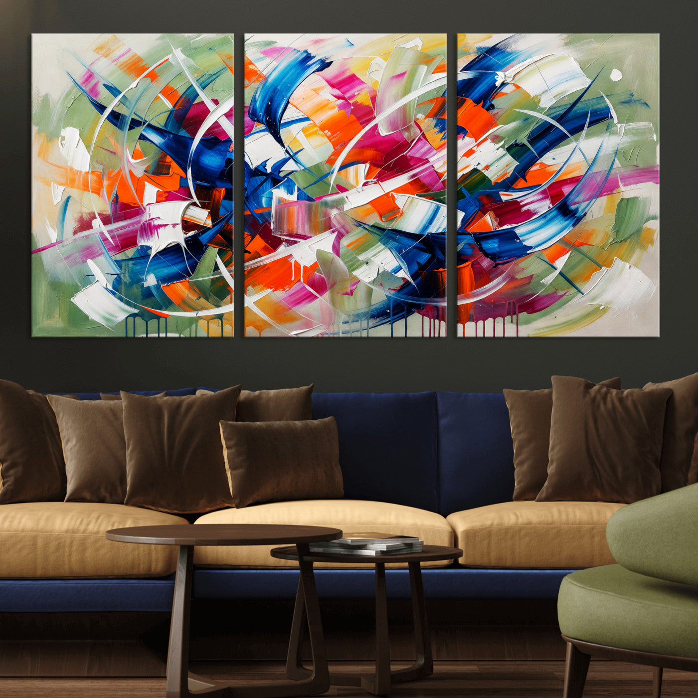 15032888-MGV-CV-36X24 - Geometric Abstract Wall Art Canvas Print, Orange Blue Abstract Expressionist Painting Print, Modern Geometric Abstract Canvas Art
