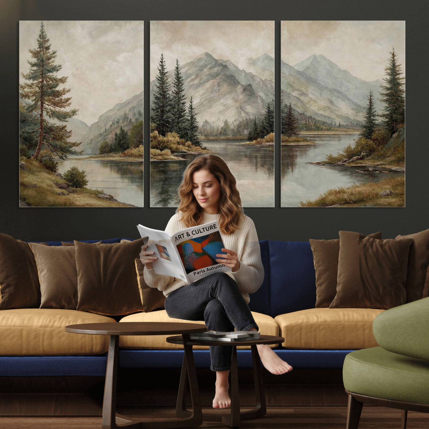 4712069V1-MGV-CV-60X30-3P - Vintage Mountain Landscape Wall Art Canvas Print Set, Rustic Nature Triptych Canvas, Neutral Lake Forest Mountain Wall Decor