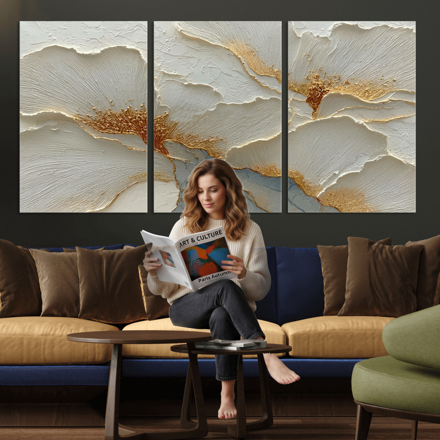 4712069F1-MGV-CV-36X24 - White Gold Floral Canvas Wall Art — Textured Flower Print | Luxury Botanical Decor | Elegant Bedroom Art | Gold Leaf Wall Art Gift