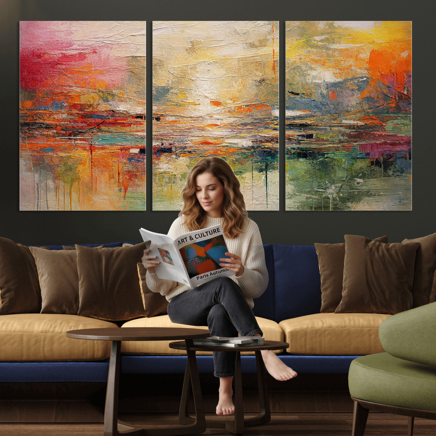 4712069P1-MGV-CV-36X24 - Colorful Abstract Canvas Wall Art — Large Textured Oil Painting Style Print | Orange Red Boho Wall Decor | Modern Living Room Art | Bold Wall Art