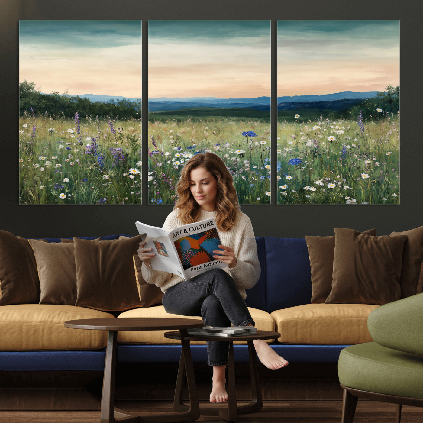 35773805-MGV-CV-36X24 - Wildflower Meadow Oil Painting Canvas Print - Daisy Lavender Mountain Sunset Print | Cottagecore Floral Wall Art - Bedroom Decor Gift for Her