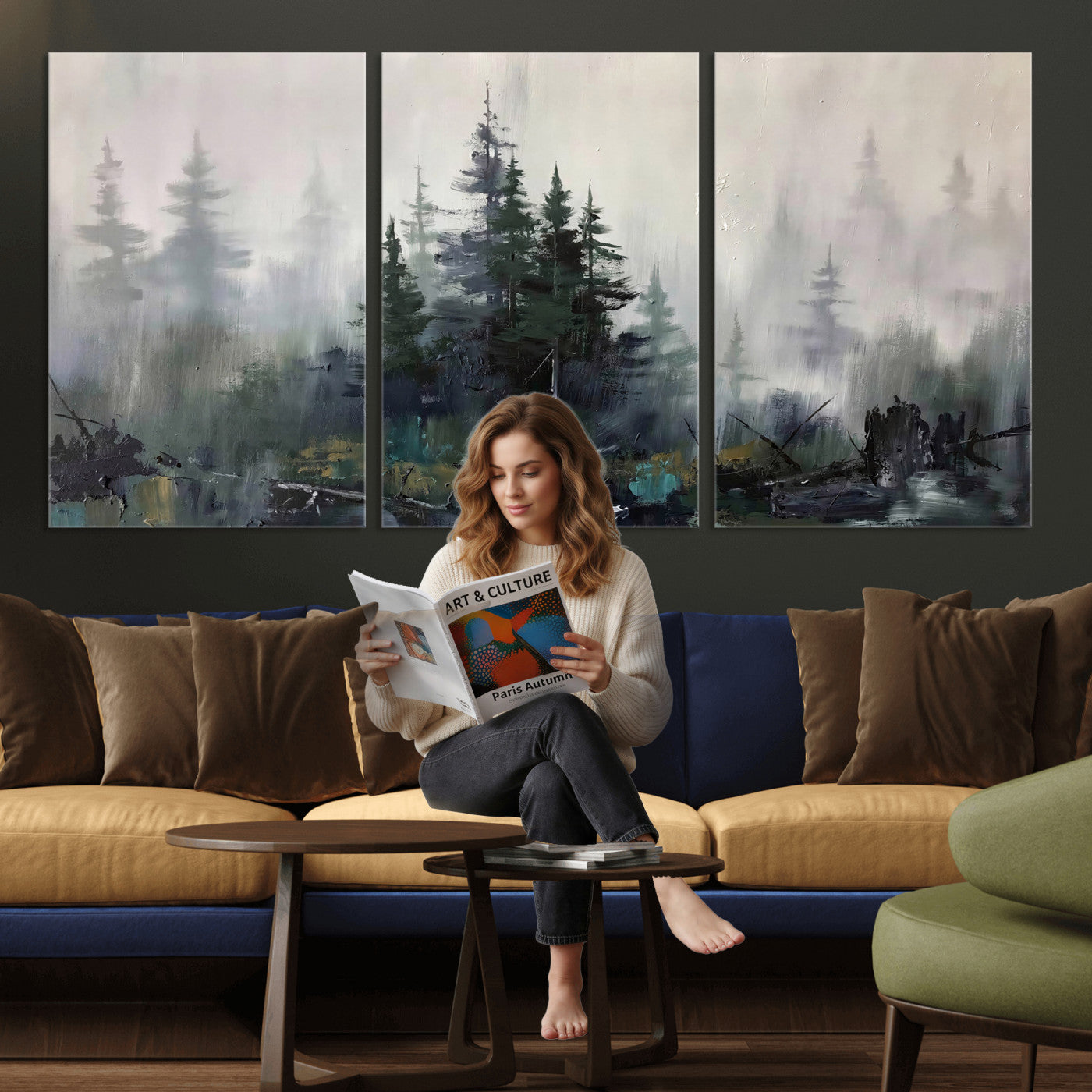 94143325-MGV-CV-36X24 - Misty Pine Forest Oil Painting Canvas — Dark Moody Teal Grey Tree Print | Japandi Scandinavian Wall Art | Minimalist Nature Decor Gift