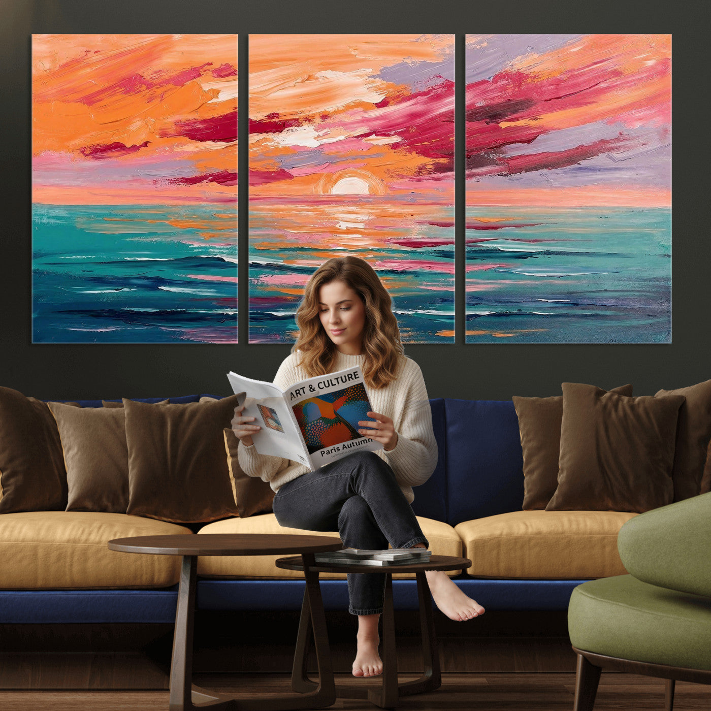 26763902-MGV-CV-36X24 - Bold Palette Knife Ocean Sunset Canvas — Orange Pink Teal Expressionist Sea Print | Colorful Coastal Wall Art | Vibrant Beach Decor Gift