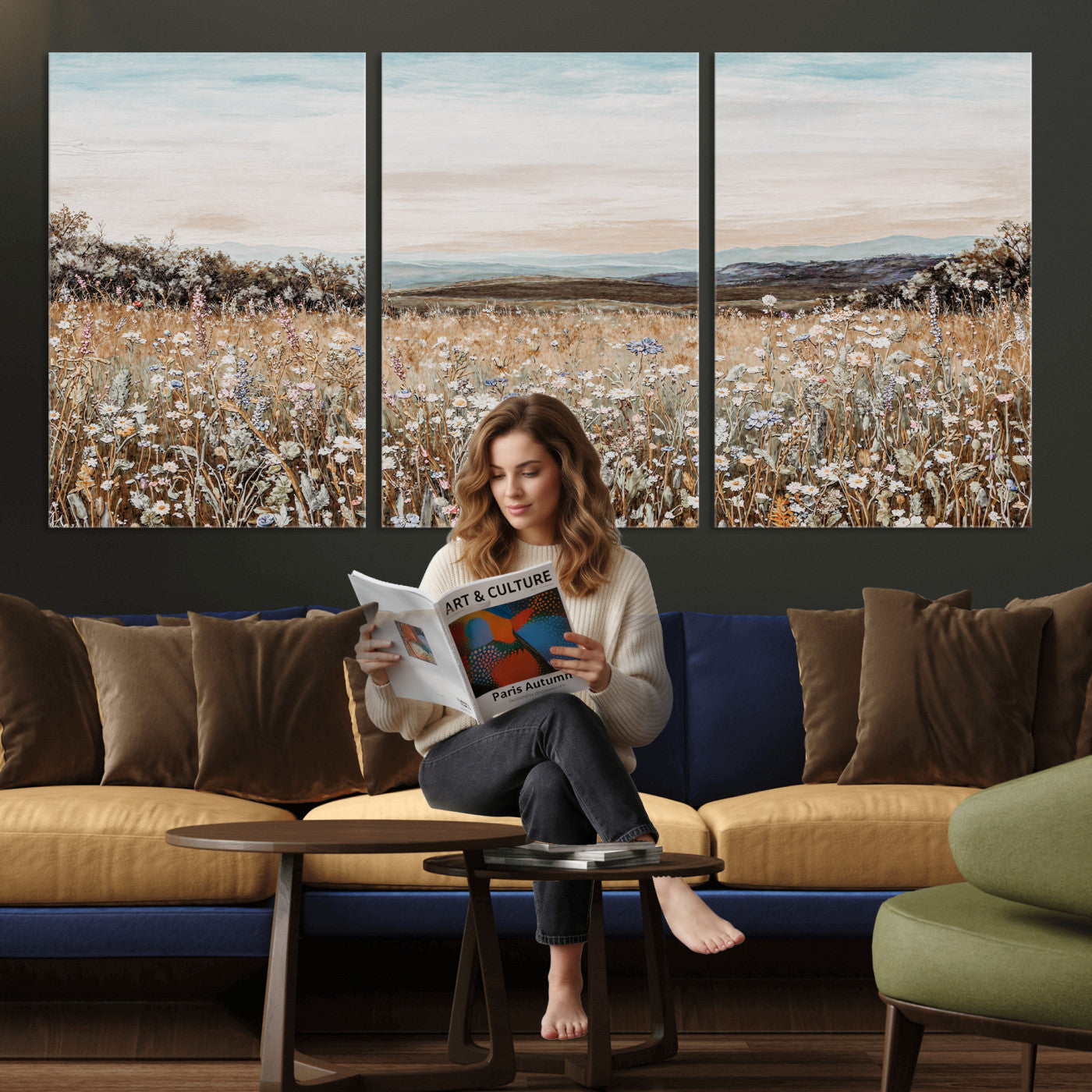 F35773805-MGV-CV-36X24 - Neutral Wildflower Field Canvas Wall Art — Beige Earth Tone Botanical Meadow Print | Farmhouse Boho Decor | Bedroom Living Room Gift Her