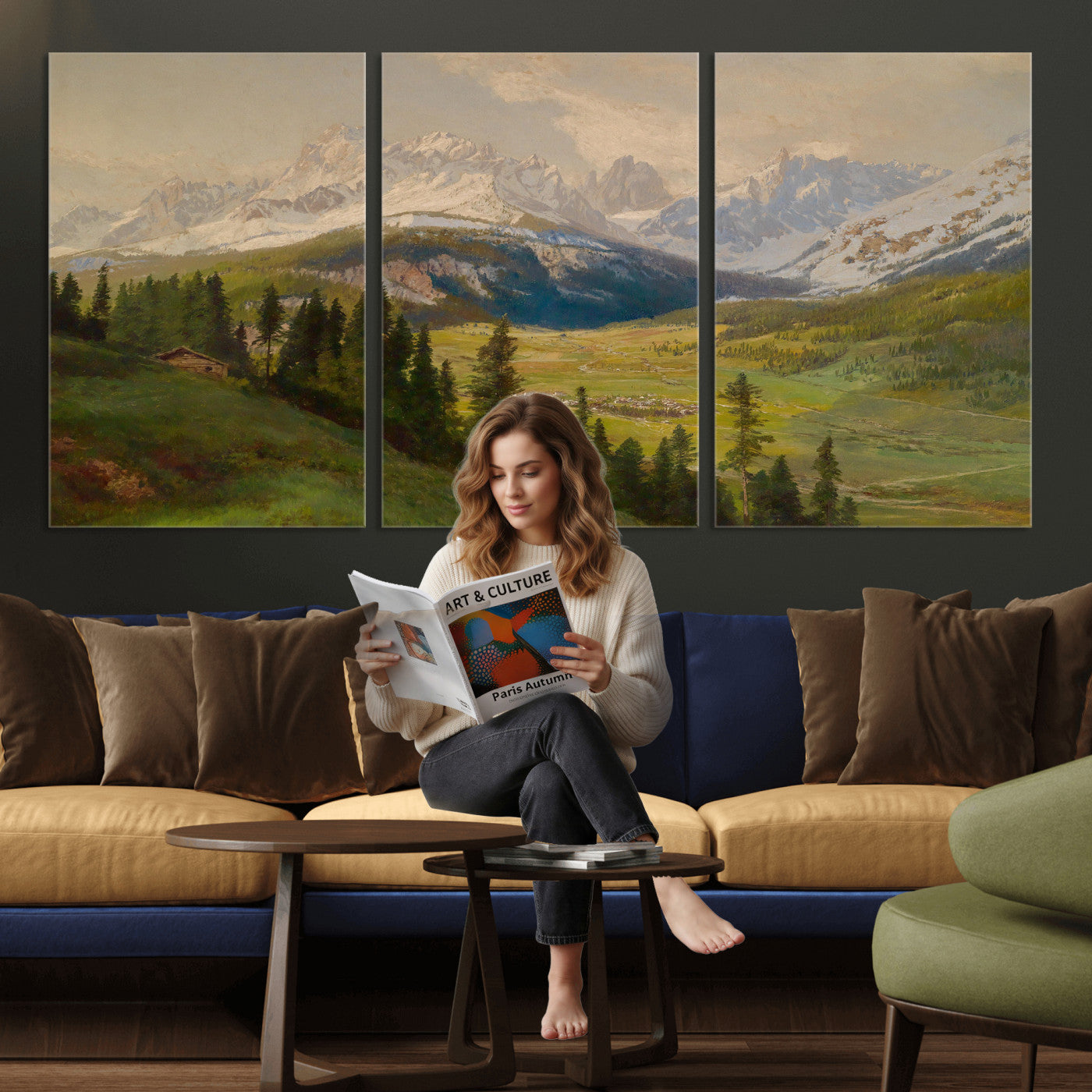 23120262-MGV-CV-36X24 - Konrad Petrides Sexten Village Canvas Print, Alpine Mountain Valley Painting, Dolomites Landscape Art