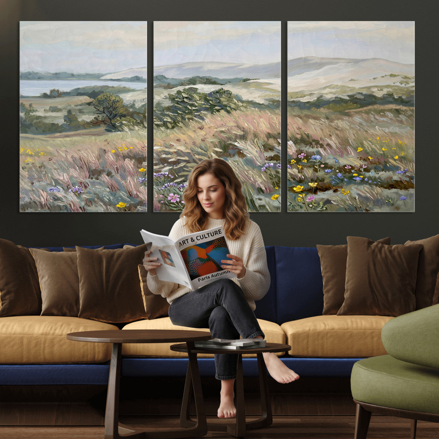 18013232-MGV-CV-36X24 - Katie Staples Hillside Canvas Wall Art — Coastal Wildflower Dune Oil Painting Print | Muted Green Nature Decor | Plein Air Landscape Gift