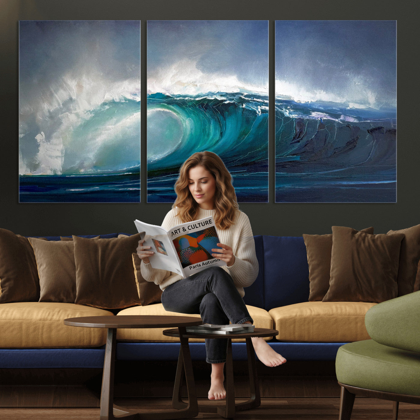 35491180-MGV-CV-60X30-3P - Ocean Wave Canvas Wall Art, Dramatic Teal Blue Seascape Oil Painting Print, Stormy Sea Coastal Decor, Large Beach House Art, Surf Wave Statement Art