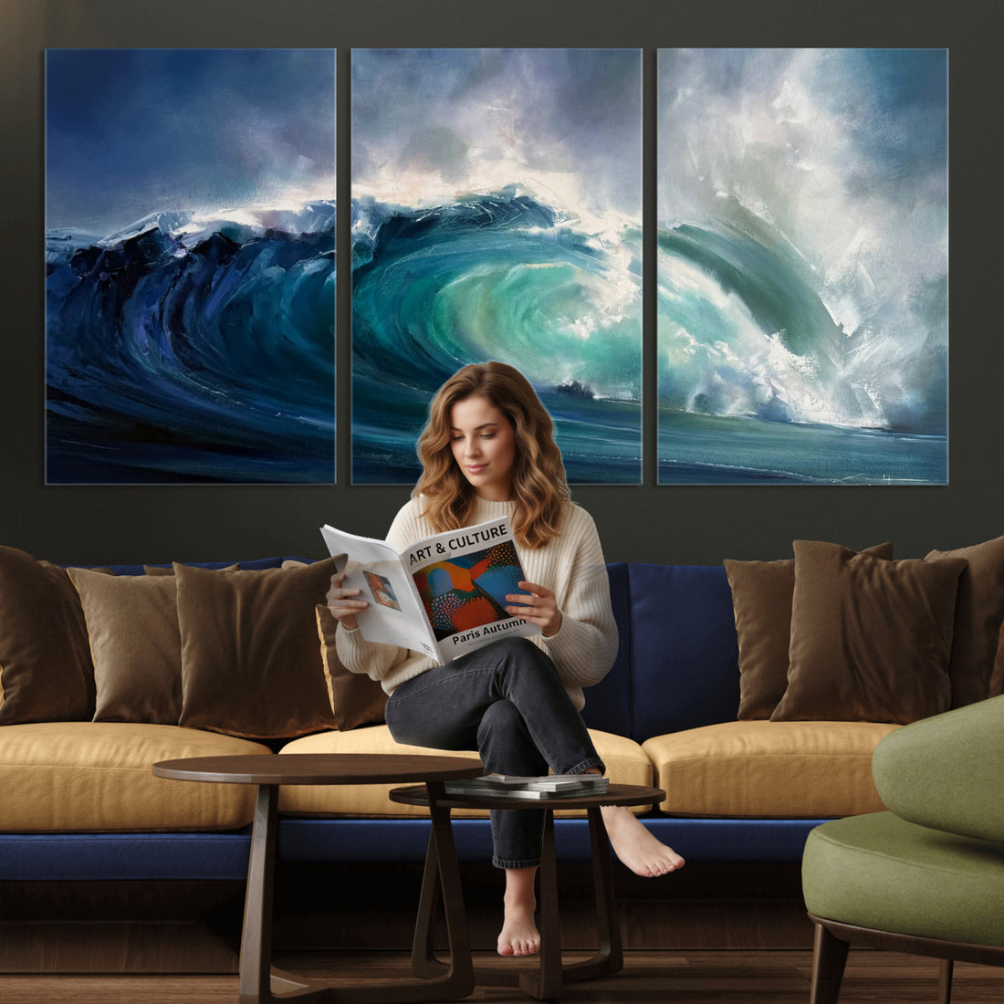 Ocean Wave Canvas Wall Art, Dramatic Teal Blue Seascape Oil Painting Print