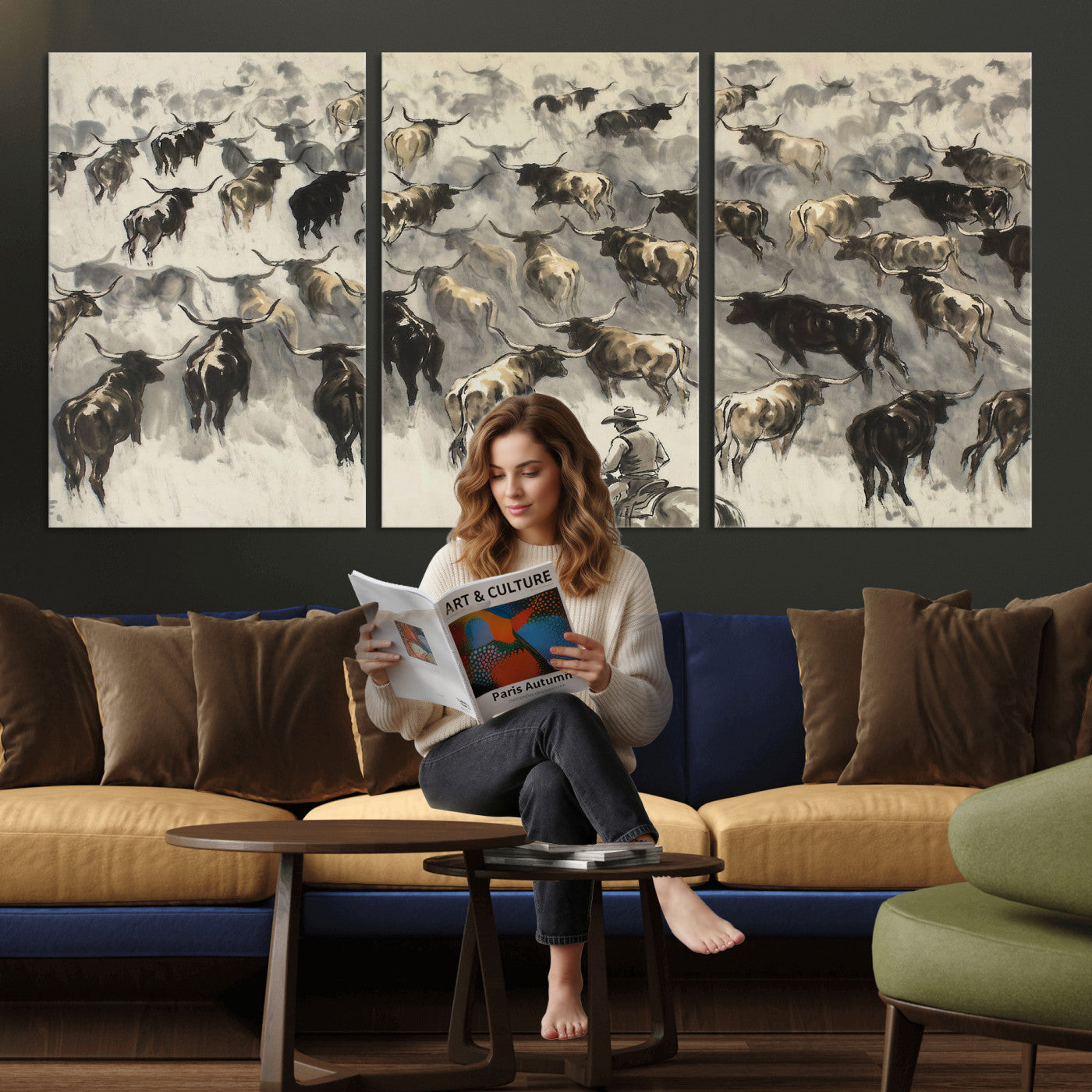 48049876-MGV-CV-36X24 - Cowboy Cattle Drive Canvas Wall Art, Western Longhorn Herd Ink Painting Print, Ranch Rodeo Decor, Black White Western Art, Large Living Room Art