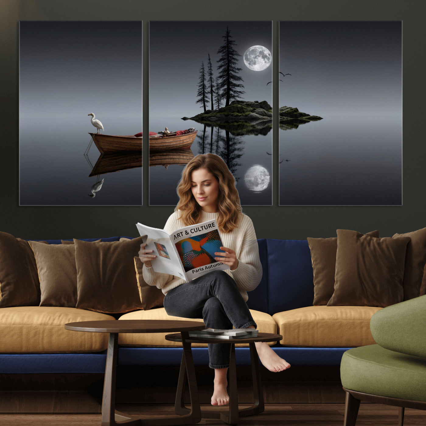 68839391D-MGV-CV-60X30-3P - Moonlit Lake Canvas Wall Art, Dreamy Boat Heron Full Moon Night Print, Dark Fantasy Nature Decor, Moody Bedroom Art, Surreal Landscape Wall Art