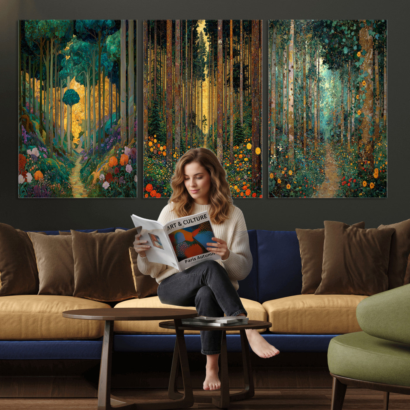 79483321-MGV-CV-60X30-3P - Gustav Klimt Style Forest Canvas Wall Art, Golden Forest Path Floral Art Nouveau Print, Enchanted Woodland Decor, Maximalist Colorful Nature Art