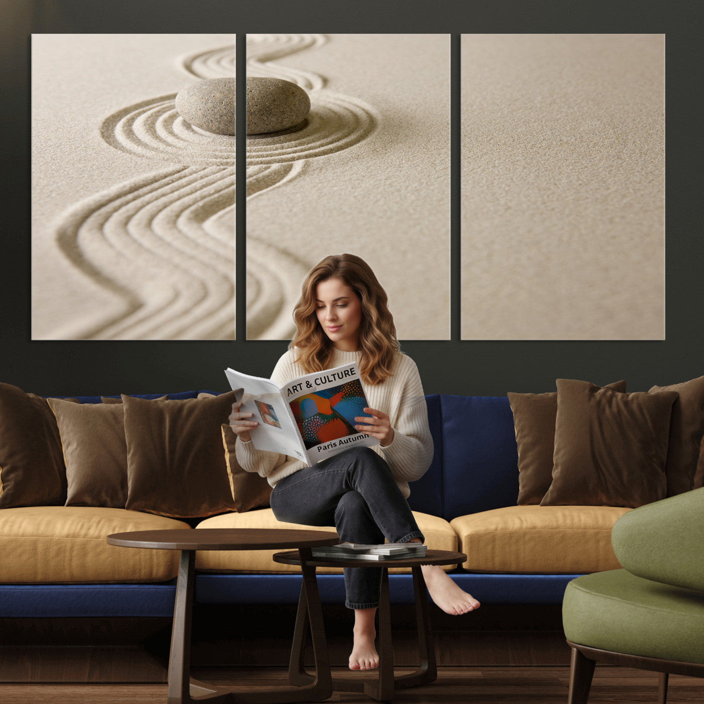 66852661-MGV-CV-36X24 - Zen Garden Stone Sand Canvas | Japanese Rock Garden Wall Art | Minimalist Meditation Print | Neutral Beige Mindfulness Decor