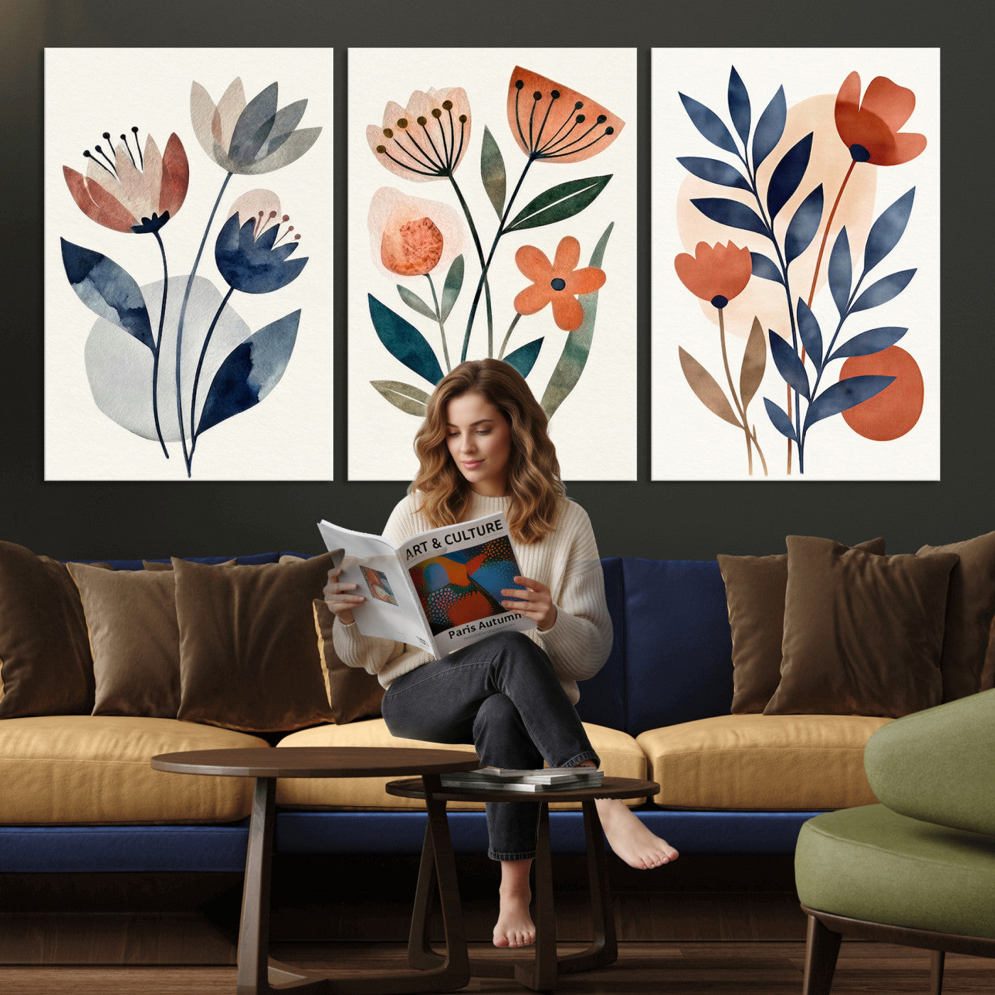 64426285-MGV-CV-60X30-3P - Watercolor Botanical Canvas Wall Art Set, Navy Terracotta Floral Triptych Print, Minimalist Flower Decor, Boho Living Room Art, Scandinavian Nature Print