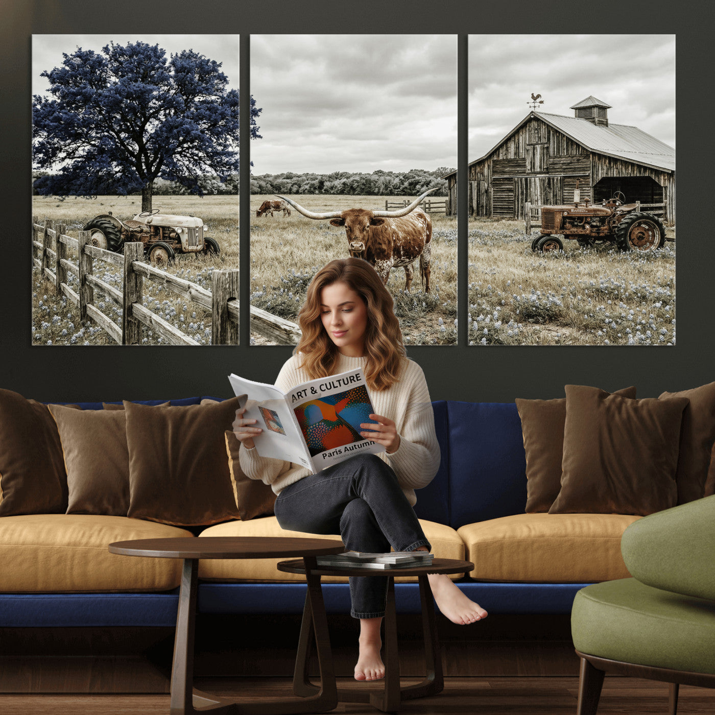 34049737-MGV-CV-60X30-3P - Texas Longhorn Canvas Wall Art, Rustic Farm Barn Bluebonnet Photography Print, Farmhouse Country Decor, Western Ranch Art, Old Truck Tractor Print