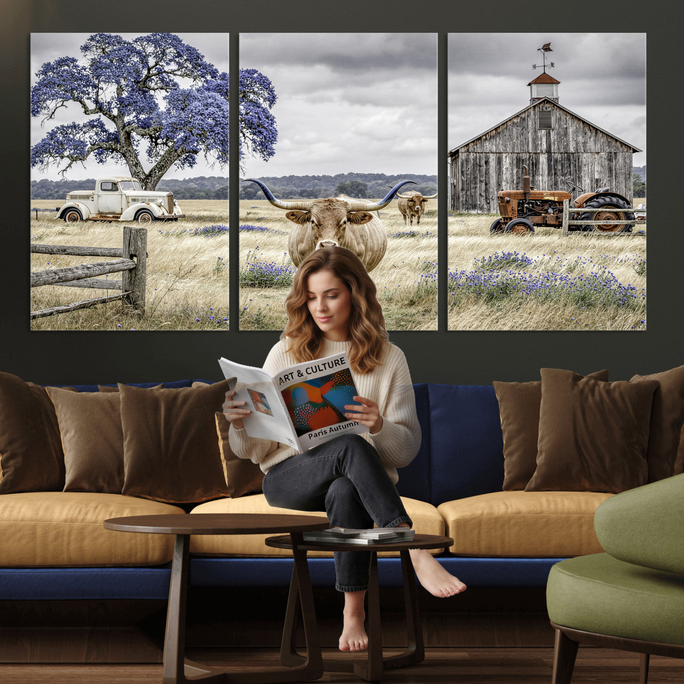 62336425-MGV-CV-60X30-3P - Texas Longhorn Canvas Wall Art, Rustic Farm Barn Bluebonnet Photography Print, Farmhouse Country Decor, Western Ranch Art, Old Truck Tractor Print