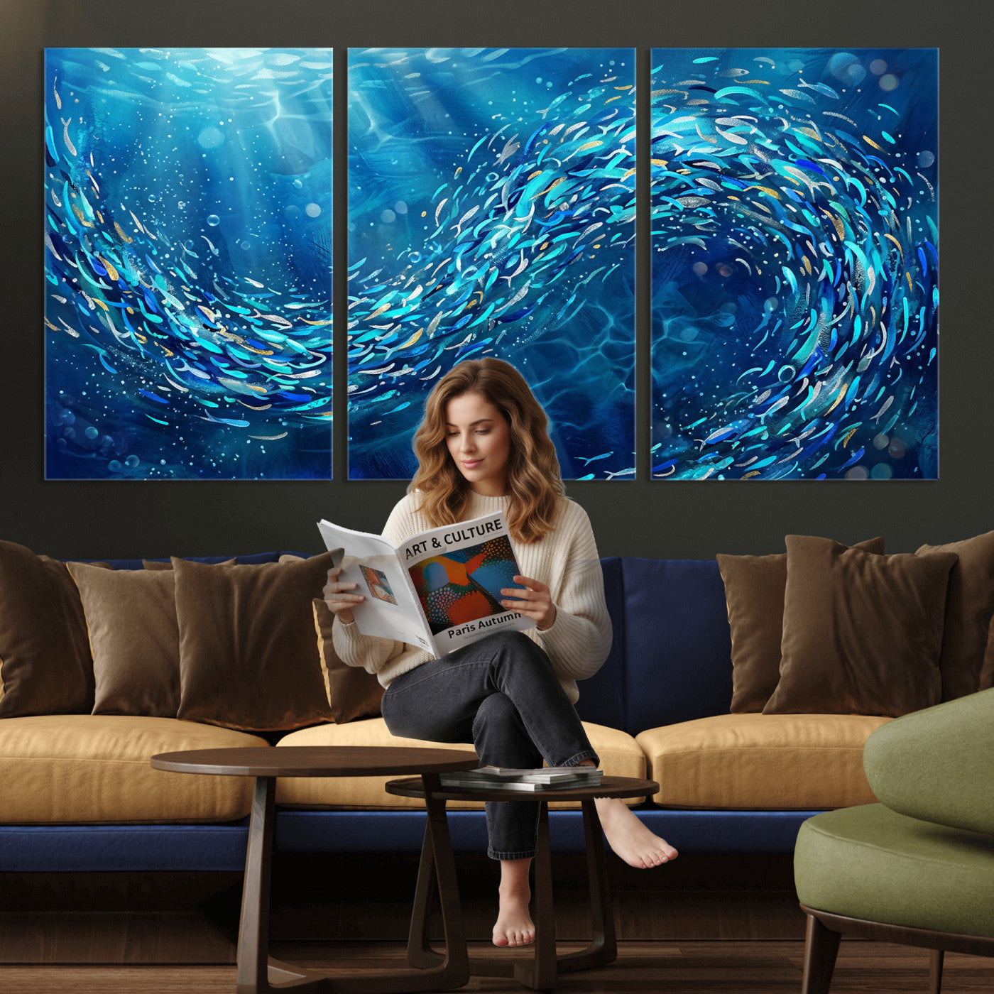54535639-MGV-CV-36X24 - School of Fish Canvas Print | Blue Ocean Underwater Wall Art | Swirling Fish Shoal Illustration | Marine Navy Coastal Decor