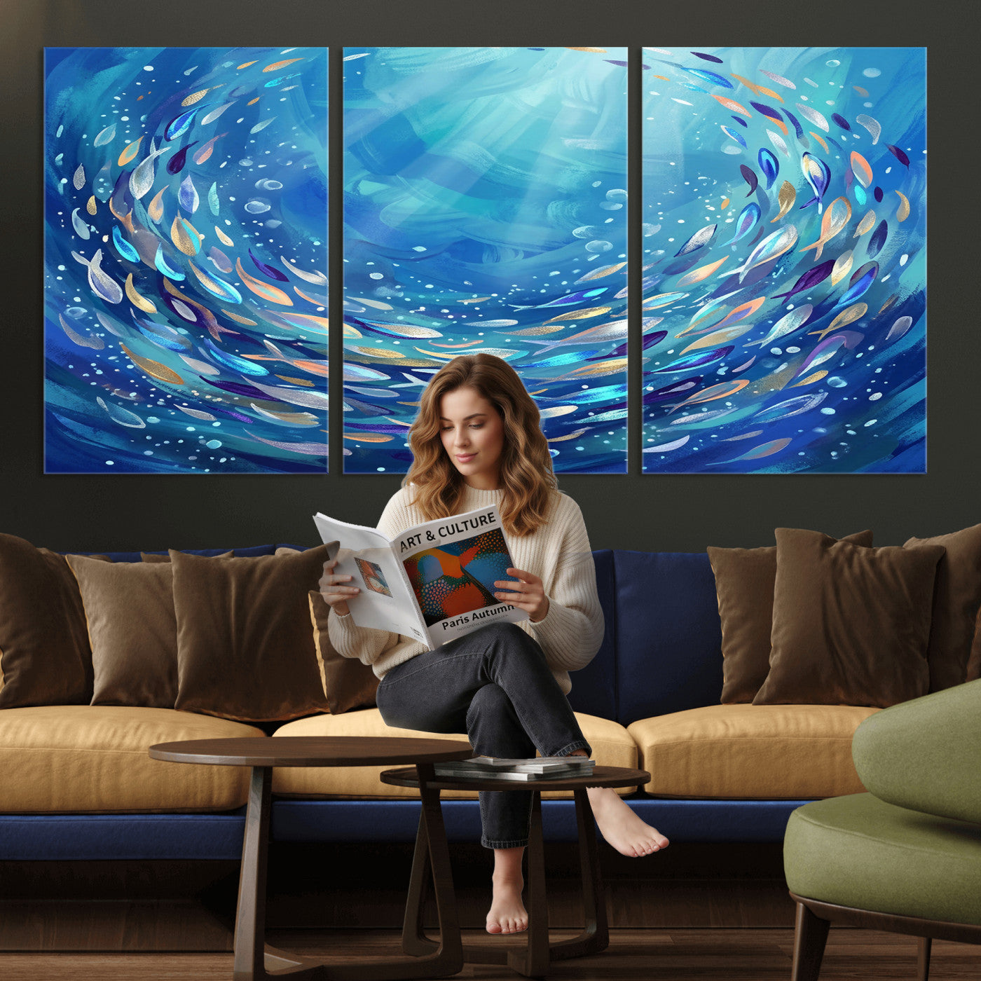 78699899-MGV-CV-36X24 - School of Fish Canvas Print | Blue Ocean Underwater Wall Art | Swirling Fish Shoal Illustration | Marine Navy Coastal Decor