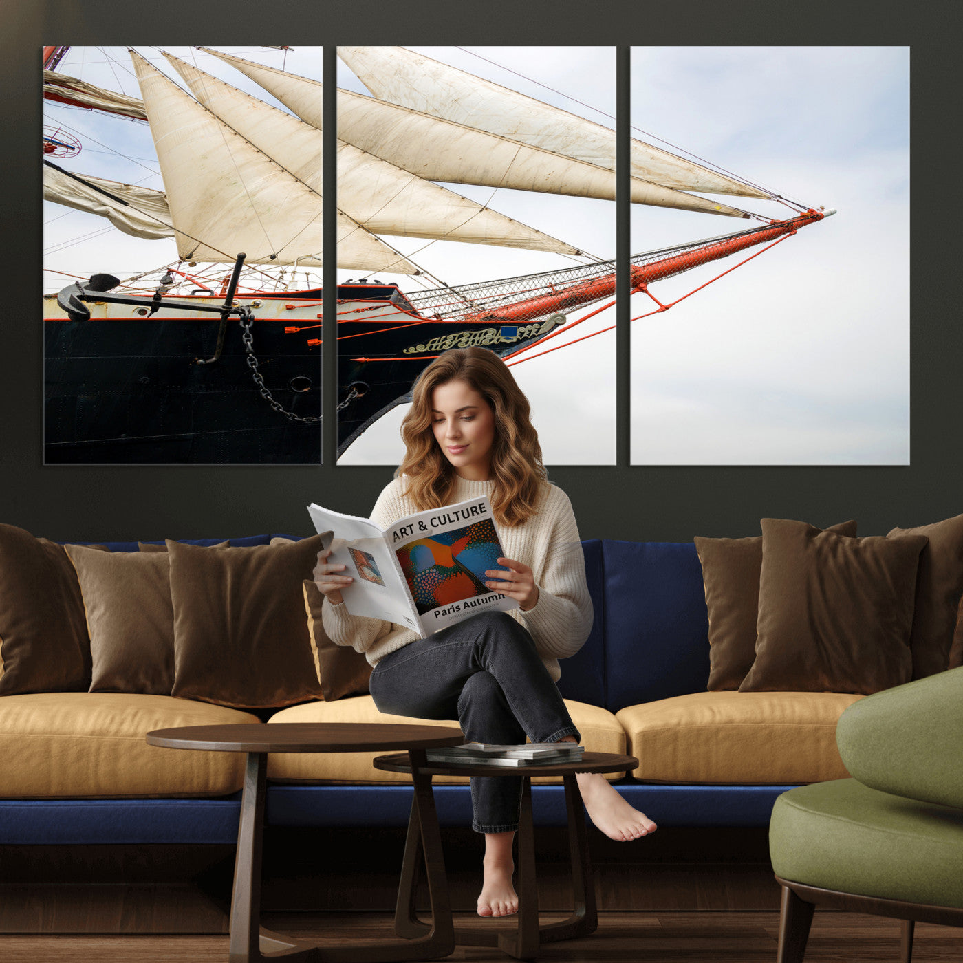 64830036-MGV-CV-36X24 - Sailboat Wall Art Canvas Print, Vintage Ship Bow Framed Artwork, Nautical Sailing Decor for Living Room Office Beach House