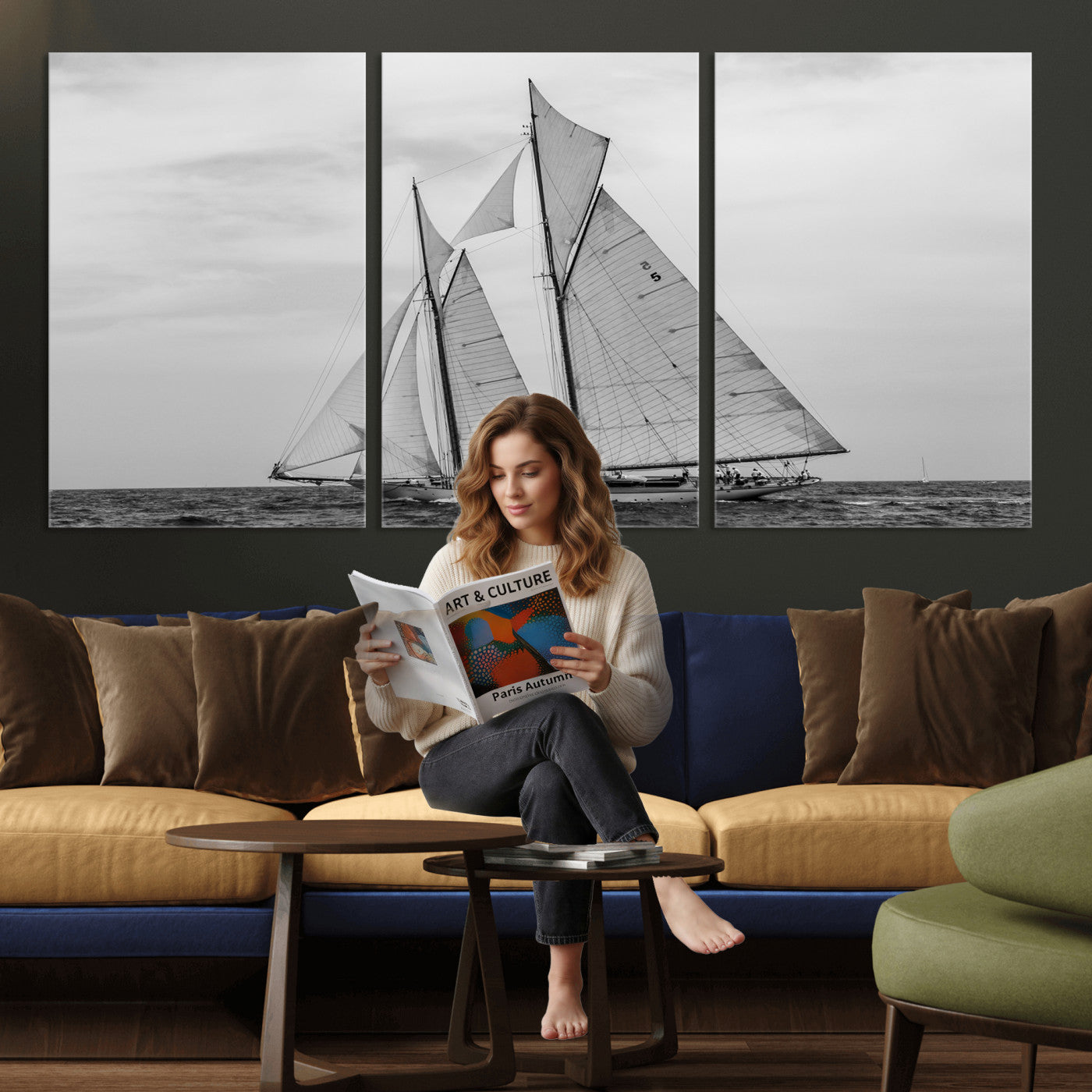 52882918-MGV-CV-36X24 - Vintage Sailboat Wall Art Canvas Print, Black and White Schooner Framed Artwork, Nautical Ocean Sailing Decor for Living Room Office Beach House