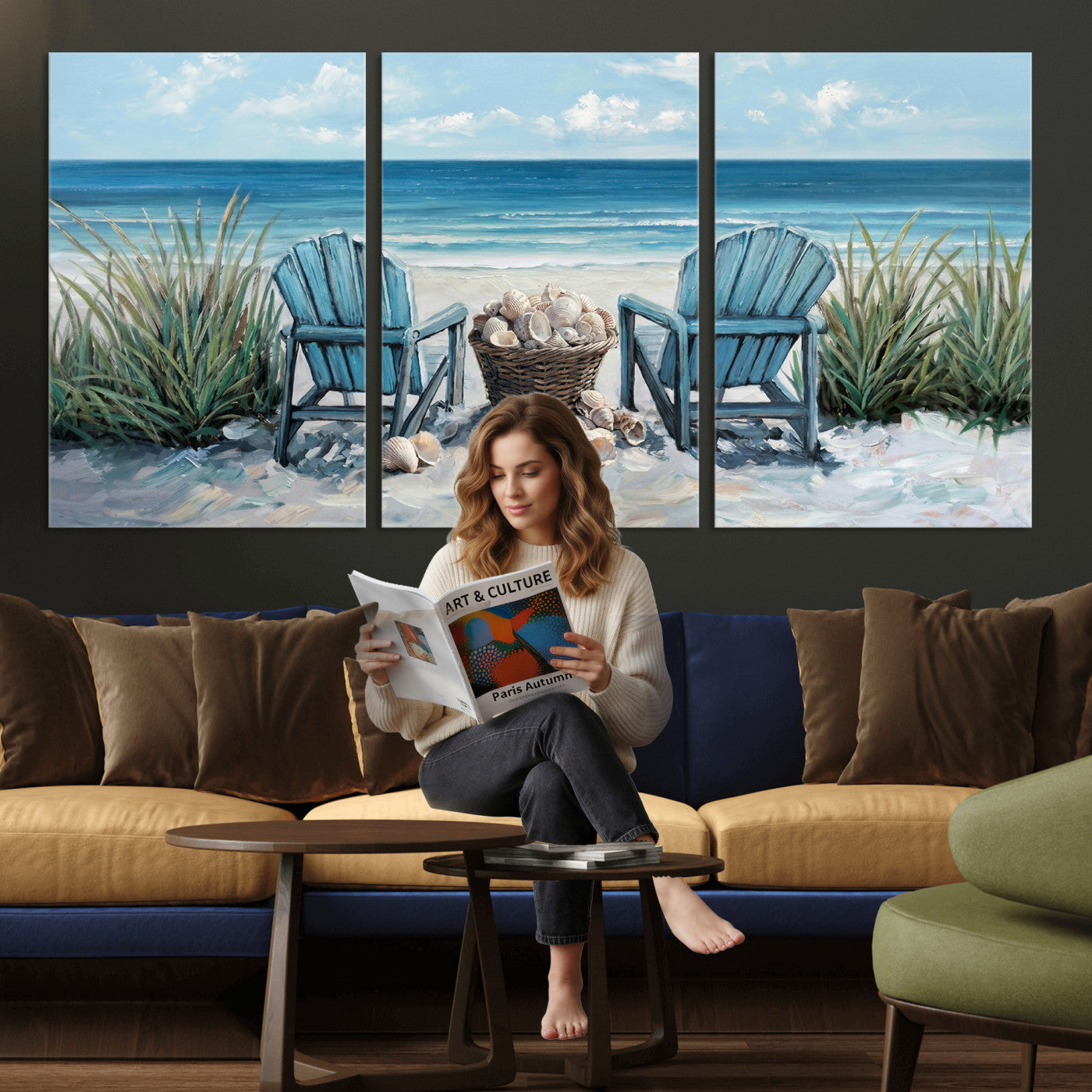 11973028-MGV-CV-36X24 - Beach Canvas Wall Art Coastal Adirondack Chairs Ocean Seashells Blue Nautical Framed Large for Living Room Bedroom Bathroom Decor